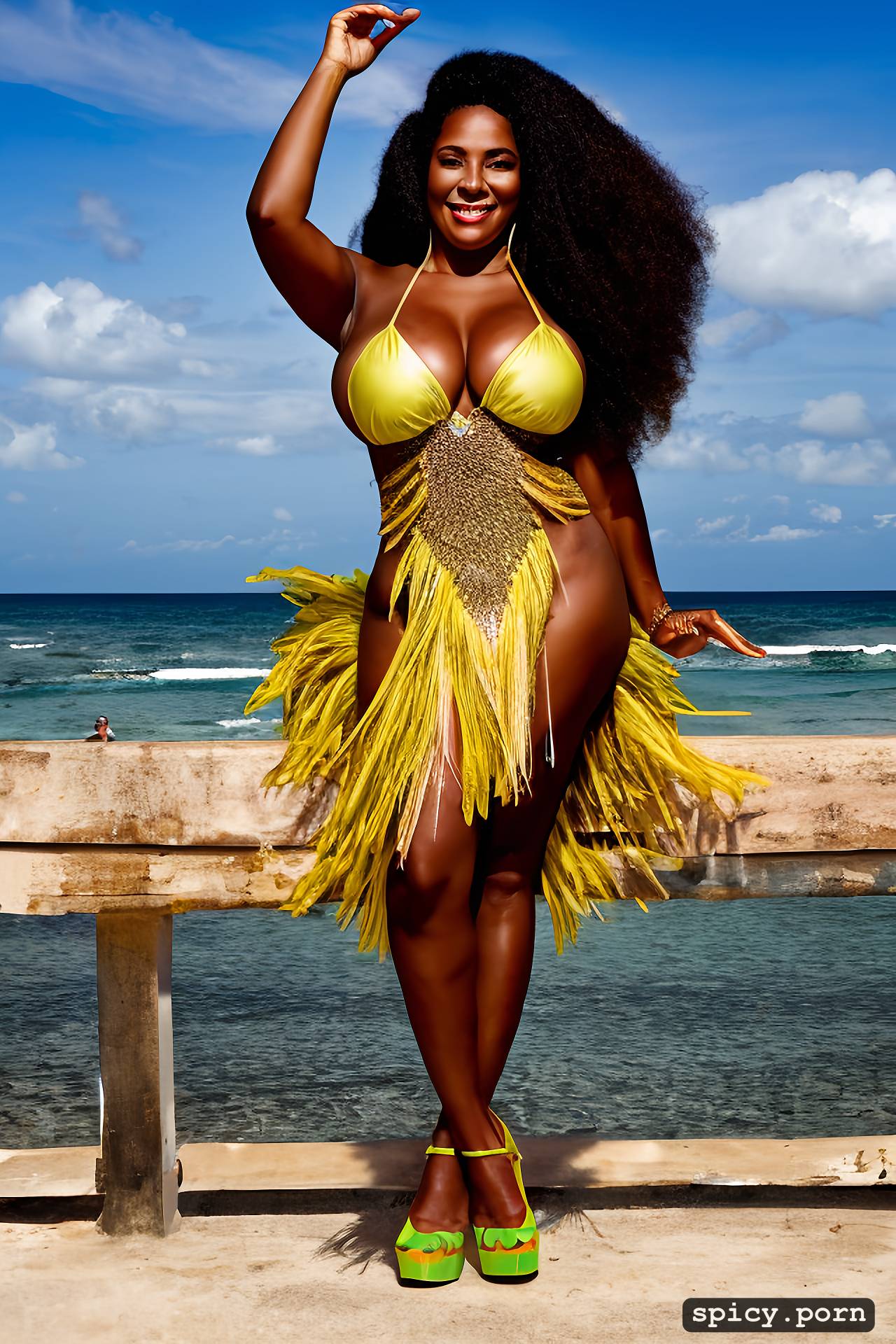 AI Porn: color portrait, huge natural boobs, 58 yo beautiful white caribbean carnival dancer