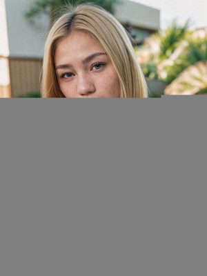 Teen Japanese Fit Female with Green Eyes and Small Breasts in Tear-Drop Shape Yoga Pose on Pool Background infront of 85mm Lens Camera | AI Porn