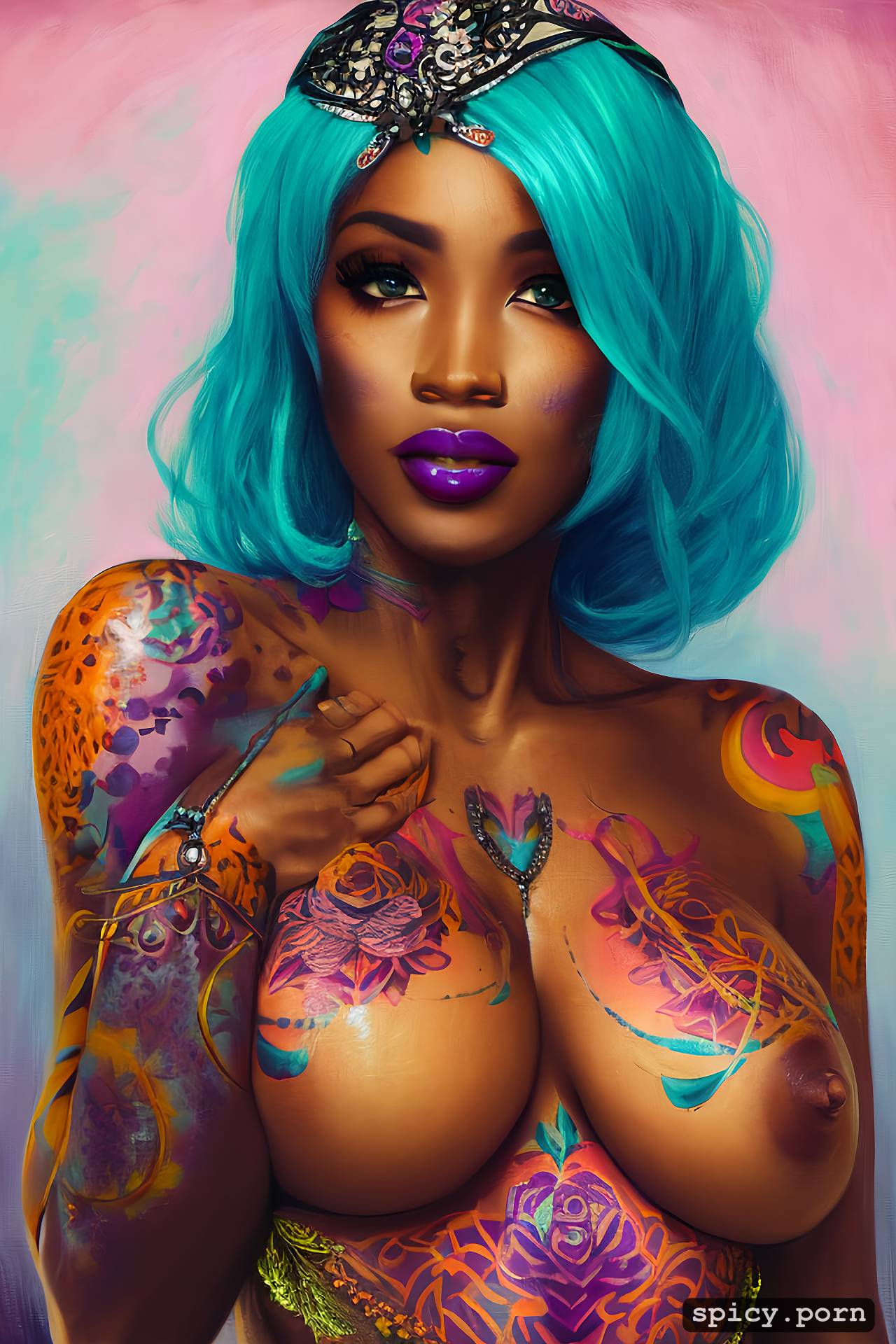 AI Porn: pastel colors, large tits, heavy makeup, cosplay, tattoos, ebony woman