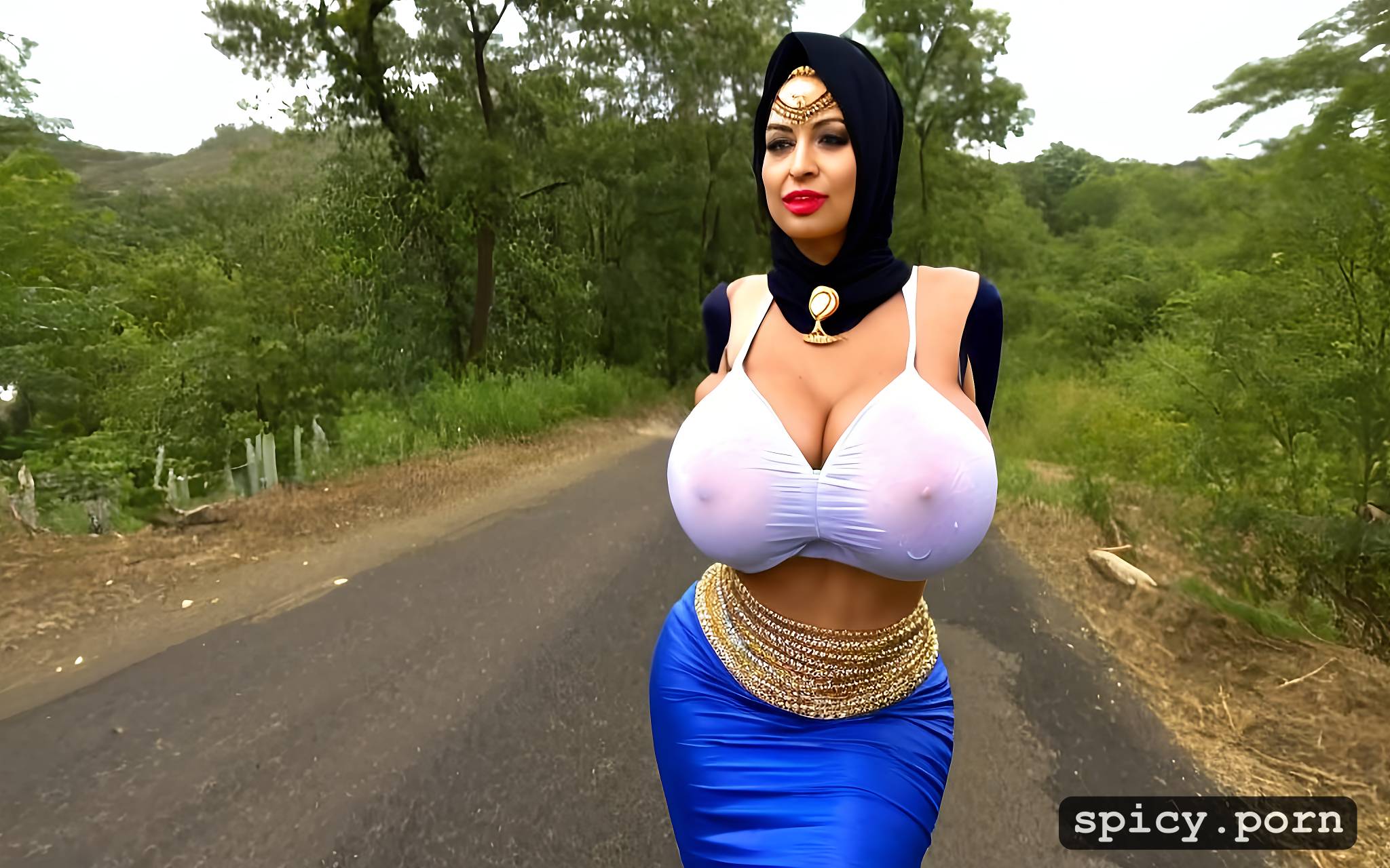 AI Porn: showing nippels, arrogant egyptian lady, dominant face, showing belly button