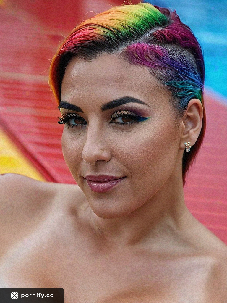 Rainbow-Haired MILF in Pool with Asymmetric Tats and Brazilian Wax: Photorealistic Plus-Size Cowgirl with Grey Eyes Front View in 50mm Lens Inverted Triangle Face Shape | AI Porn