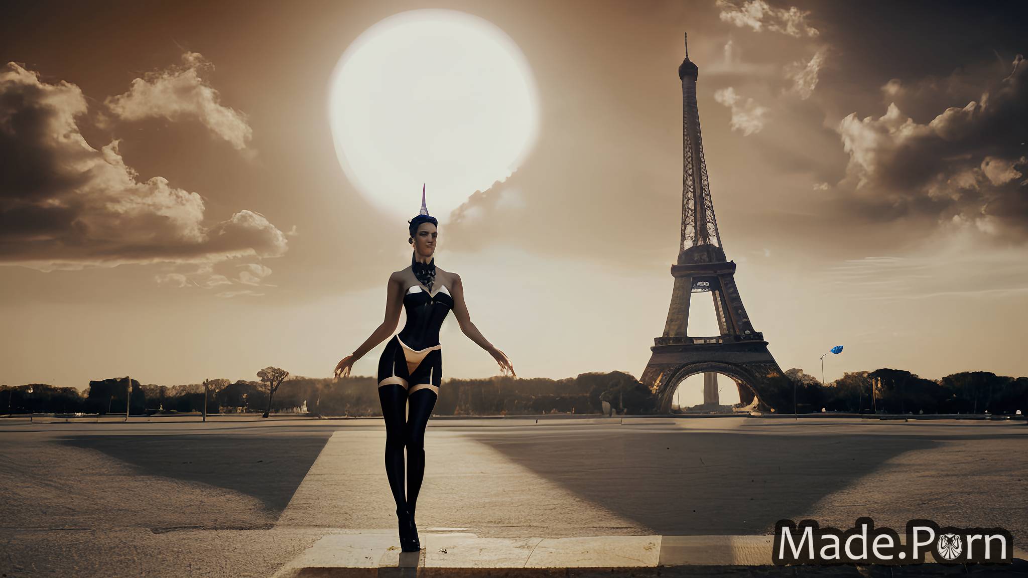 nipples topless long hair Eiffel Tower, Paris nude long legs jewelry created by AI