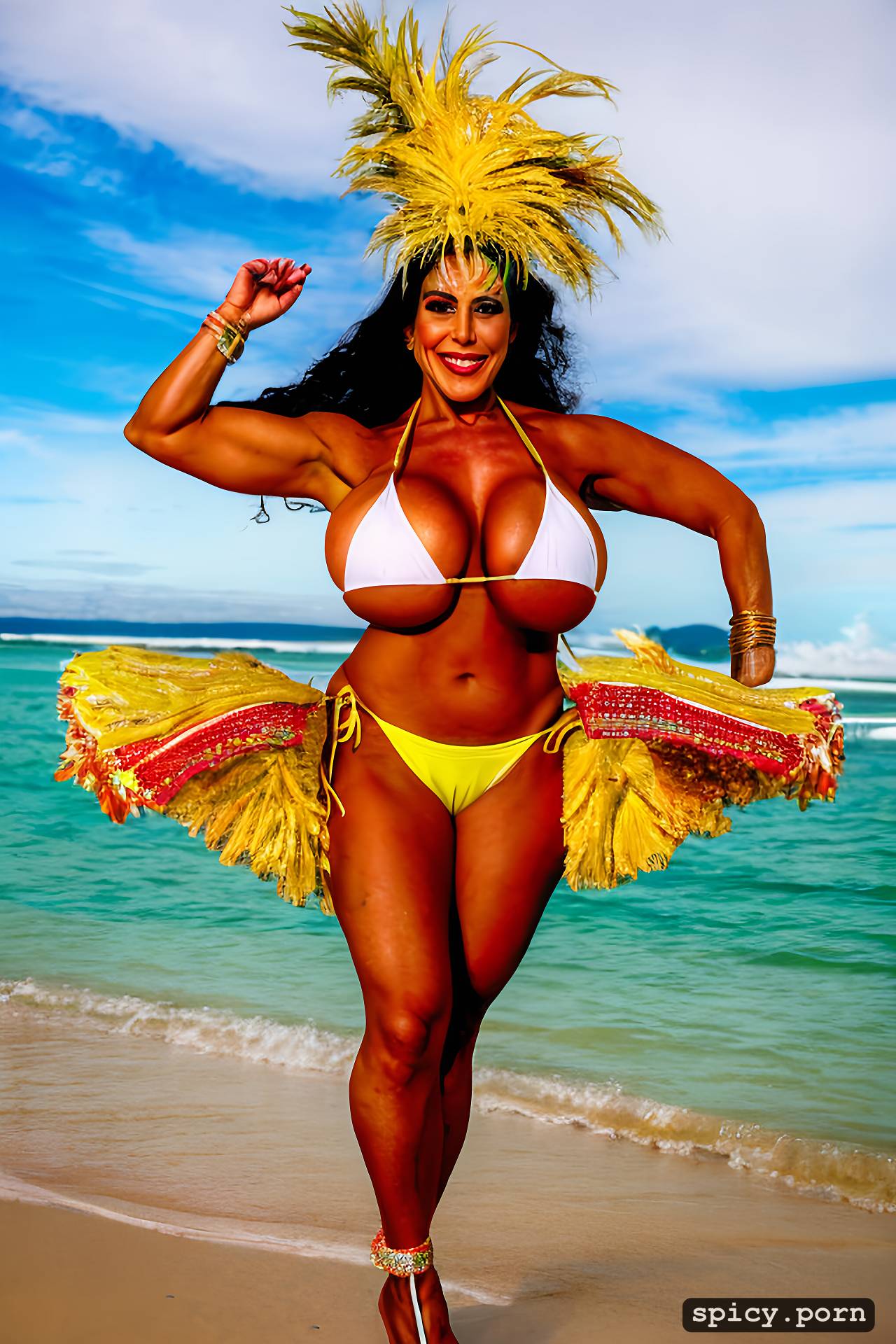 AI Porn: color portrait, long hair, 39 yo beautiful performing white rio carnival dancer at copacabana beach