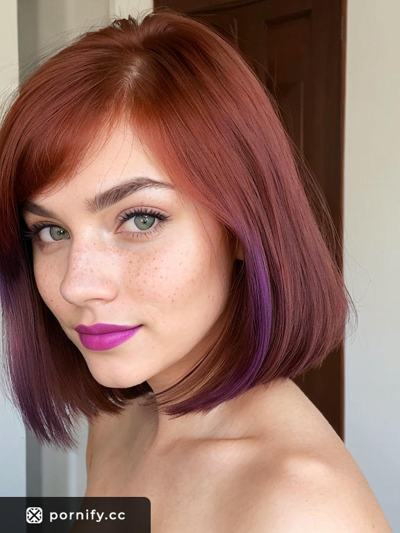 Slim, sexy redhead Russian teenager cooking in bedroom, wearing purple lipstick, with amber eyes and teardrop breasts. | AI Porn