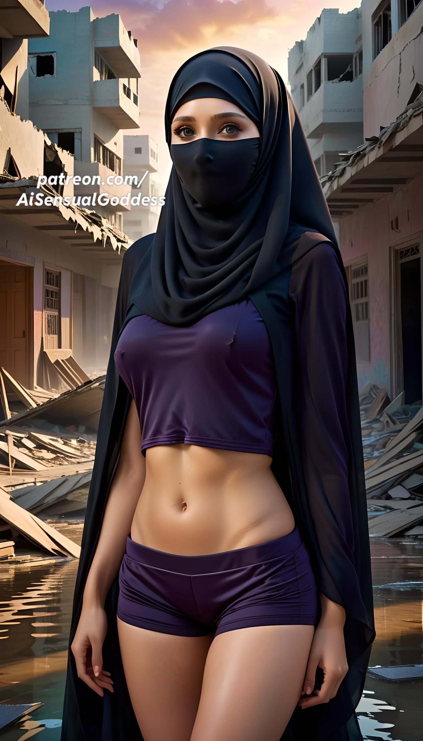 20 year old muslim woman wears a modern burka that reveals her cute belly button and thin waist.