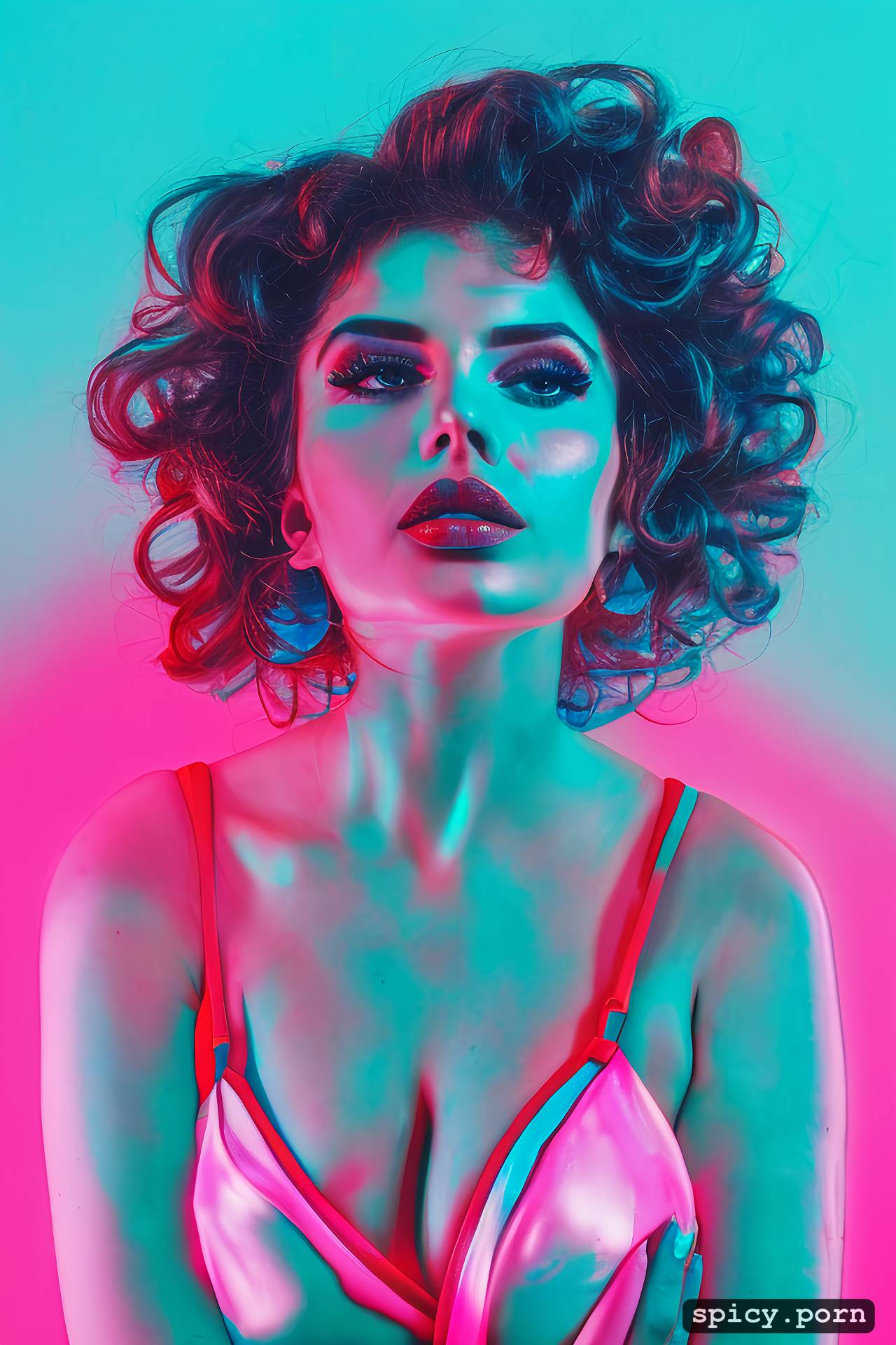 AI Porn: retrowave colours hair, brunette hair, 18 years, beautiful face