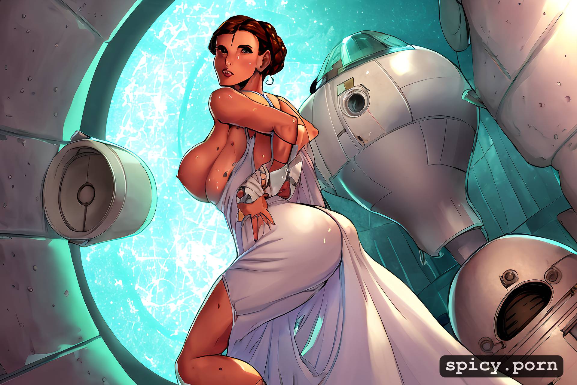 AI Porn: white dress from star wars episode 4, leia organa, massive sweaty bare tits