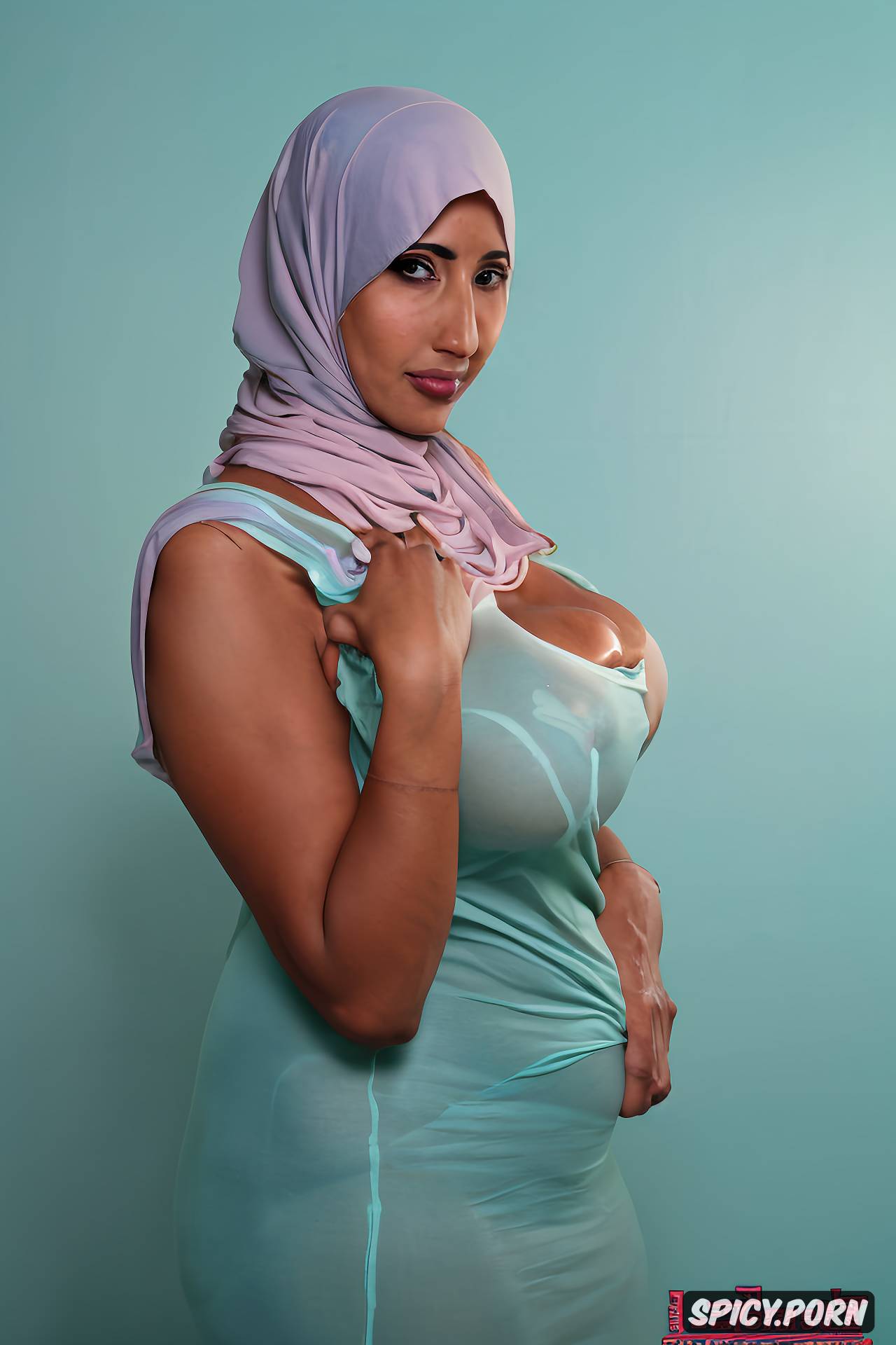 AI Porn: stunning middle east lady, hijab, very large breast, solid pastel color background