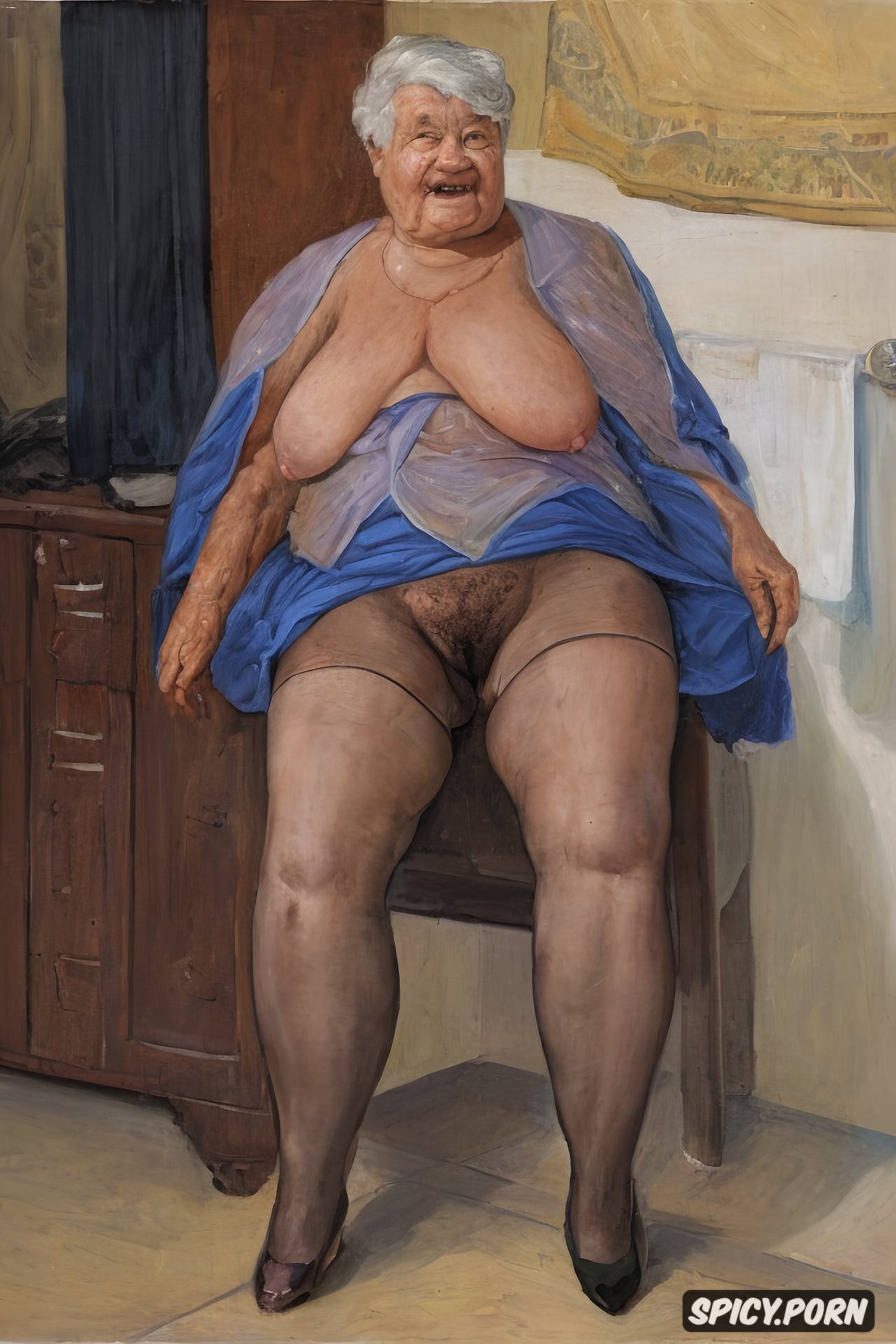 AI Porn: the very old fat grandmother has nude pussy under her skirt