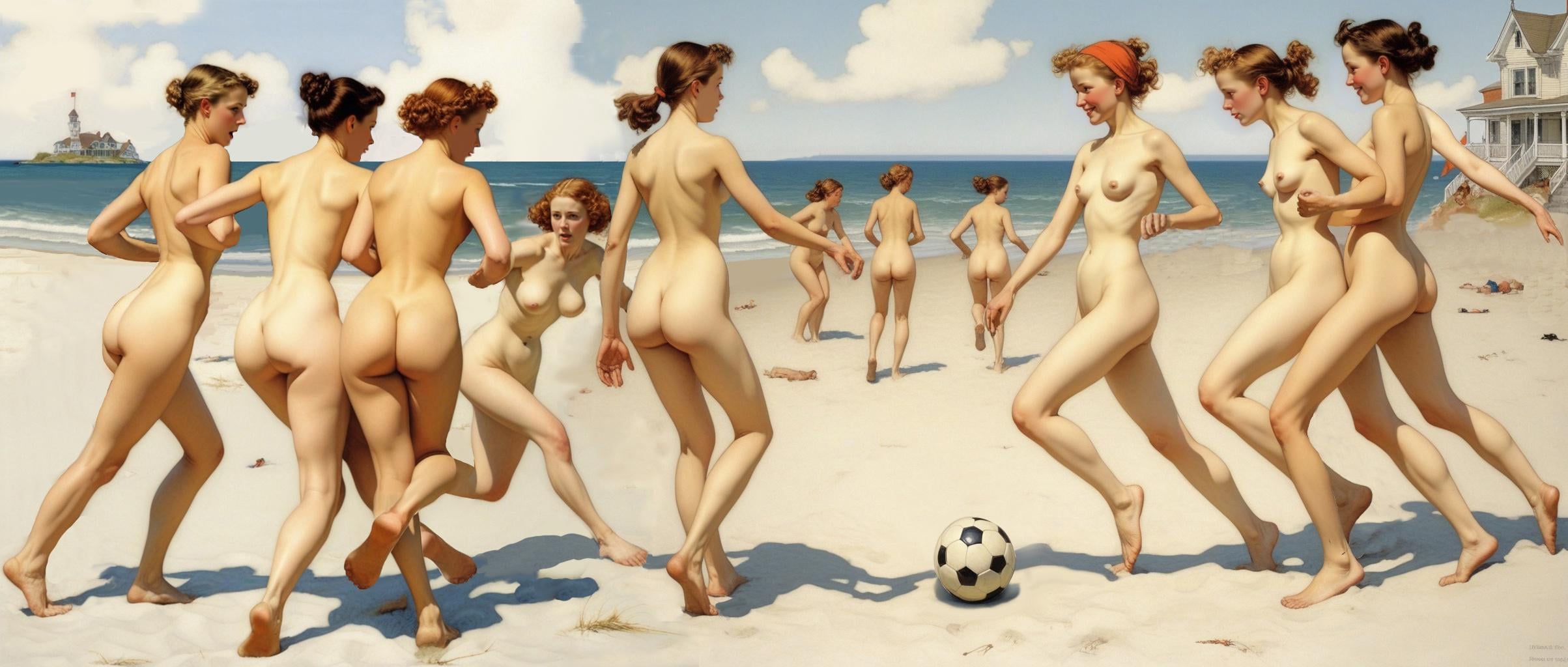 A vintage illustration: playing football on the beach