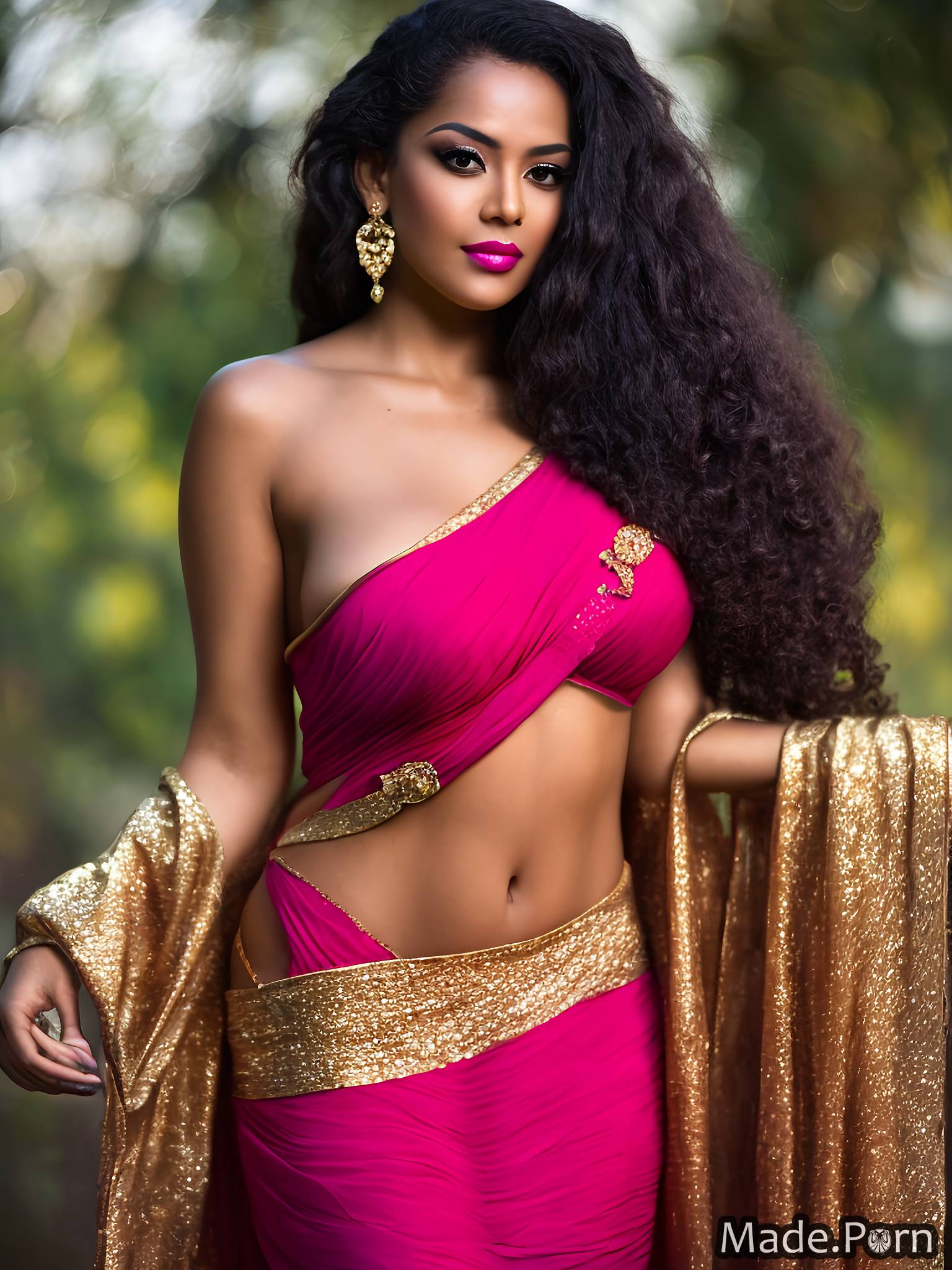 busty sari brunette fuchsia red 30 long hair created by AI