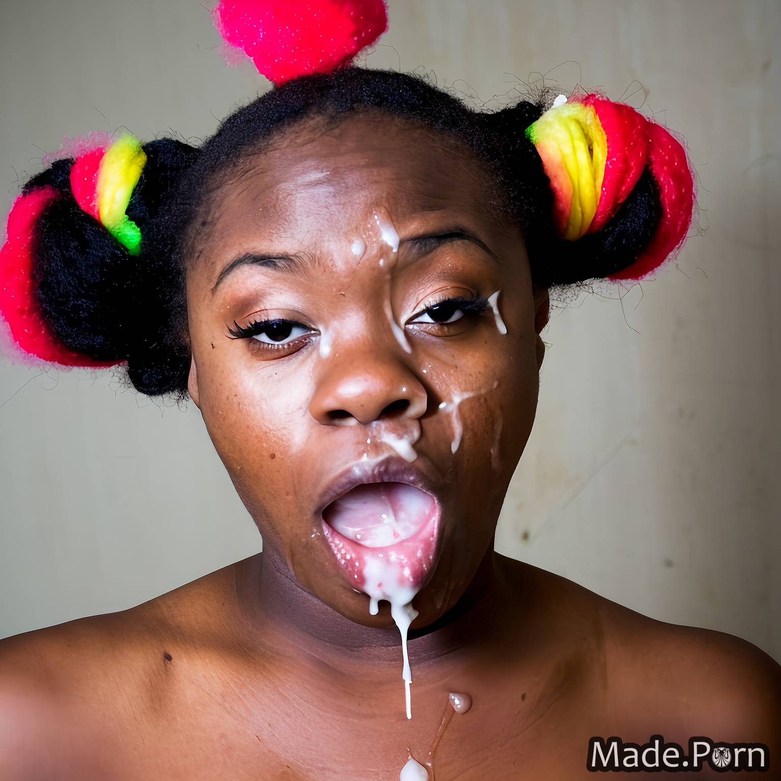 clown photo multicolored hair pigtails cum in mouth close up nigerian created by AI