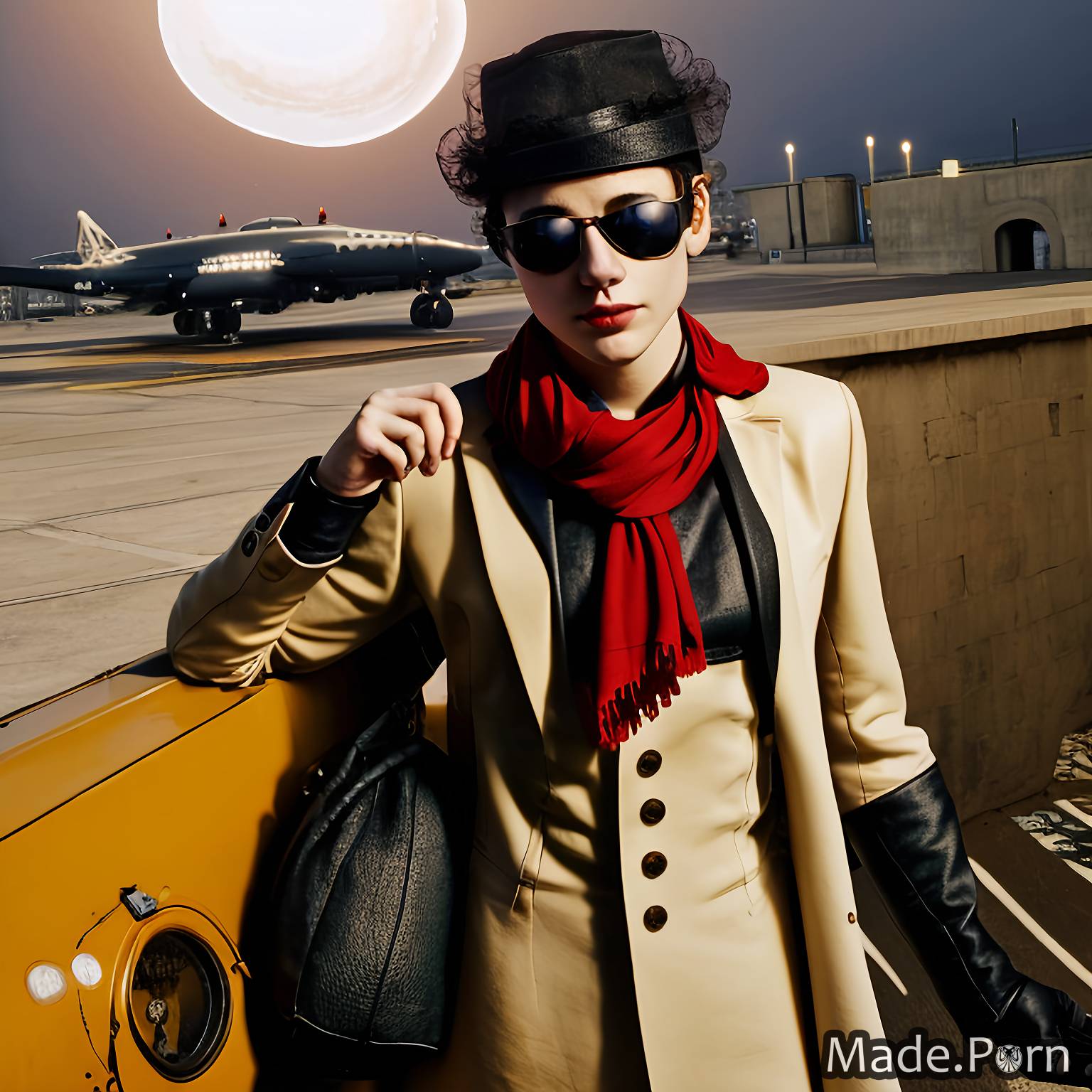 medium shot sunglasses black hair lunar eclipse bobcut impressed airplane created by AI