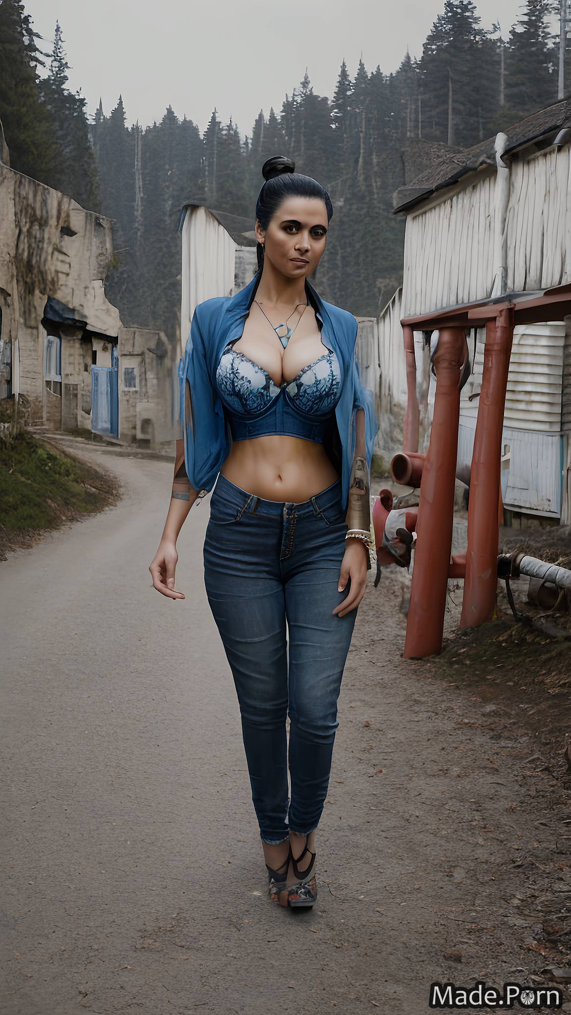 sci-fi jeans saggy tits looking at viewer full shot witch mountains created by AI