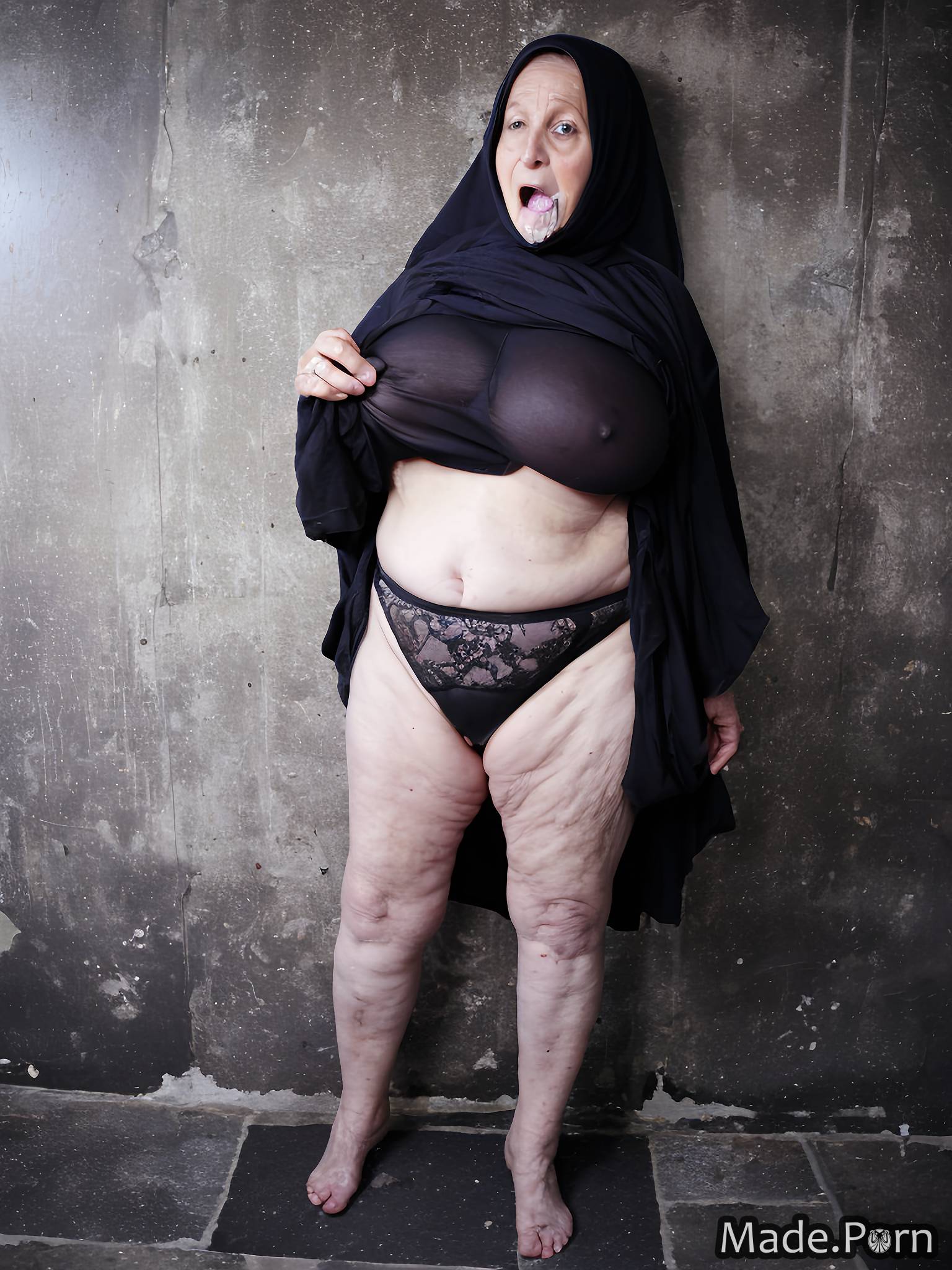 80 transparent hijab fairer skin thighs ssbbw photo created by AI