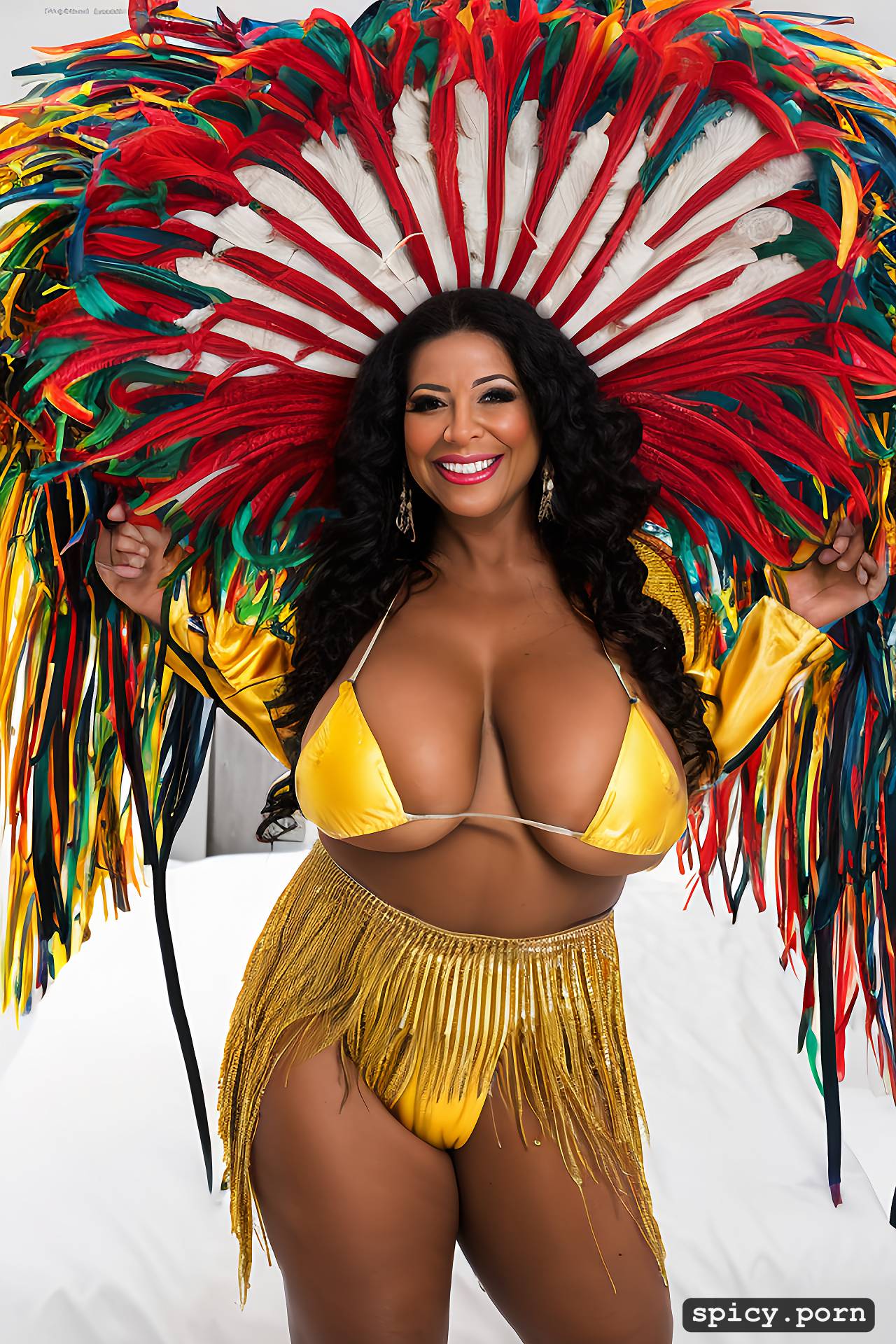 AI Porn: color portrait, huge natural boobs, 57 yo beautiful performing brazilian carnival dancer