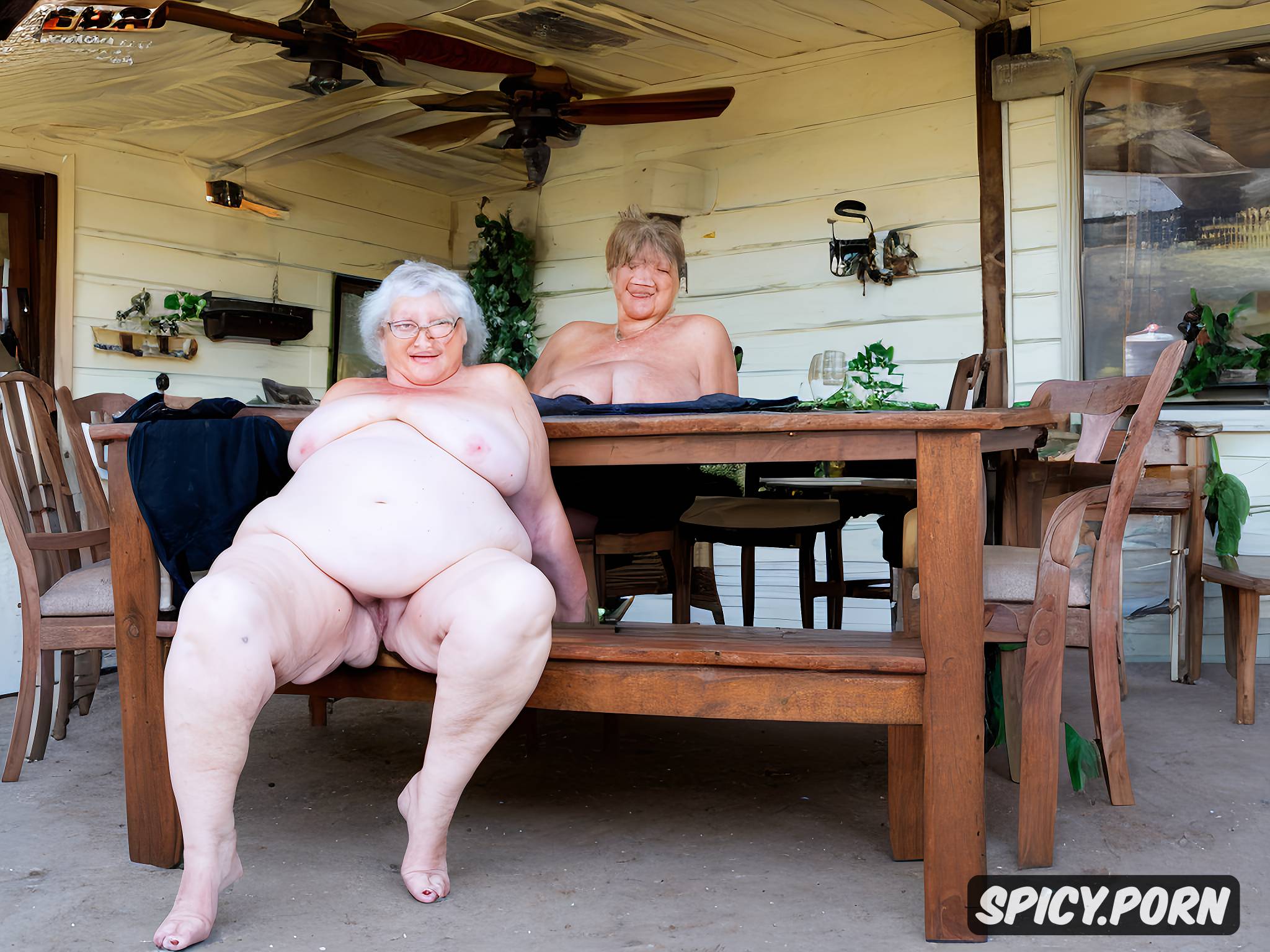 AI Porn: naked 80 year old fat lady sitting posing her huge tits on the table photo in high definition