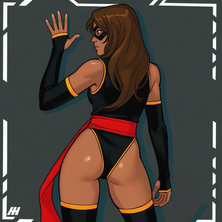 ai_generated armwear brown_hair dark-skinned_female kamala_khan long_hair marvel mask masked_female ms._marvel muslim_female one-piece_swimsuit pakistani_female sash stockings superheroine