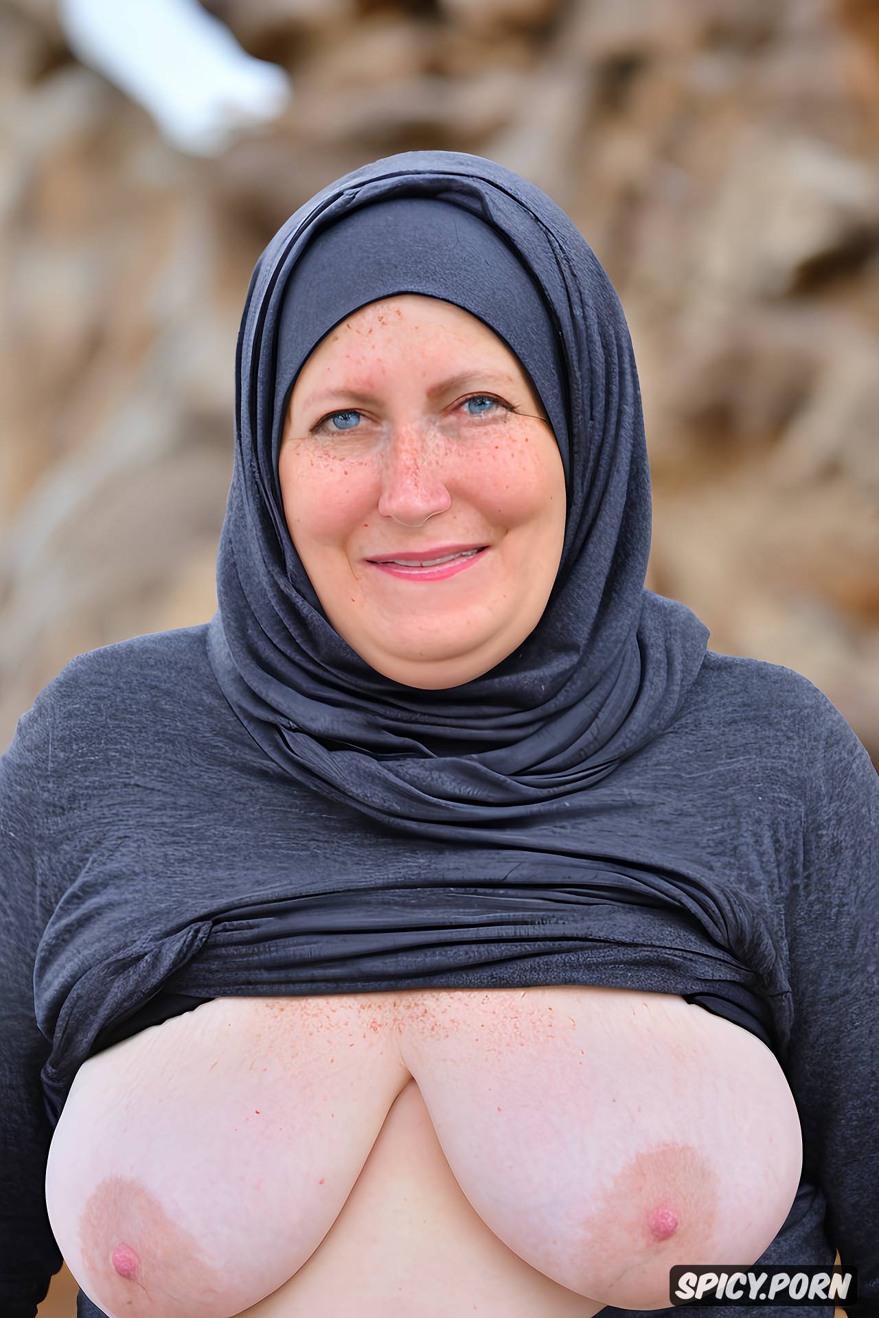 AI Porn: big nipples, muslim hijab head, saggy breasts, broad shoulders