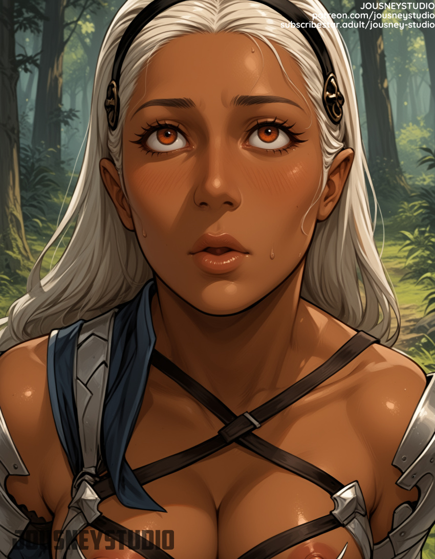 1girl 1girl 1girl ai-created ai_generated areola armor bangs bare_shoulders big_breasts black_hair_ornament black_hairband blush breasts brown_eyes cleavage close-up clothing corrin_(female)_(fire_emblem) corrin_(fire_emblem)_(female) dark-skinned_female dark_skin female_only fire_emblem forehead forest hairband headwear jousneystudio lips long_hair looking_at_viewer medium_breasts nature nipples orange_eyes original outside parted_lips sweat text tree upper_body web_address white_hair