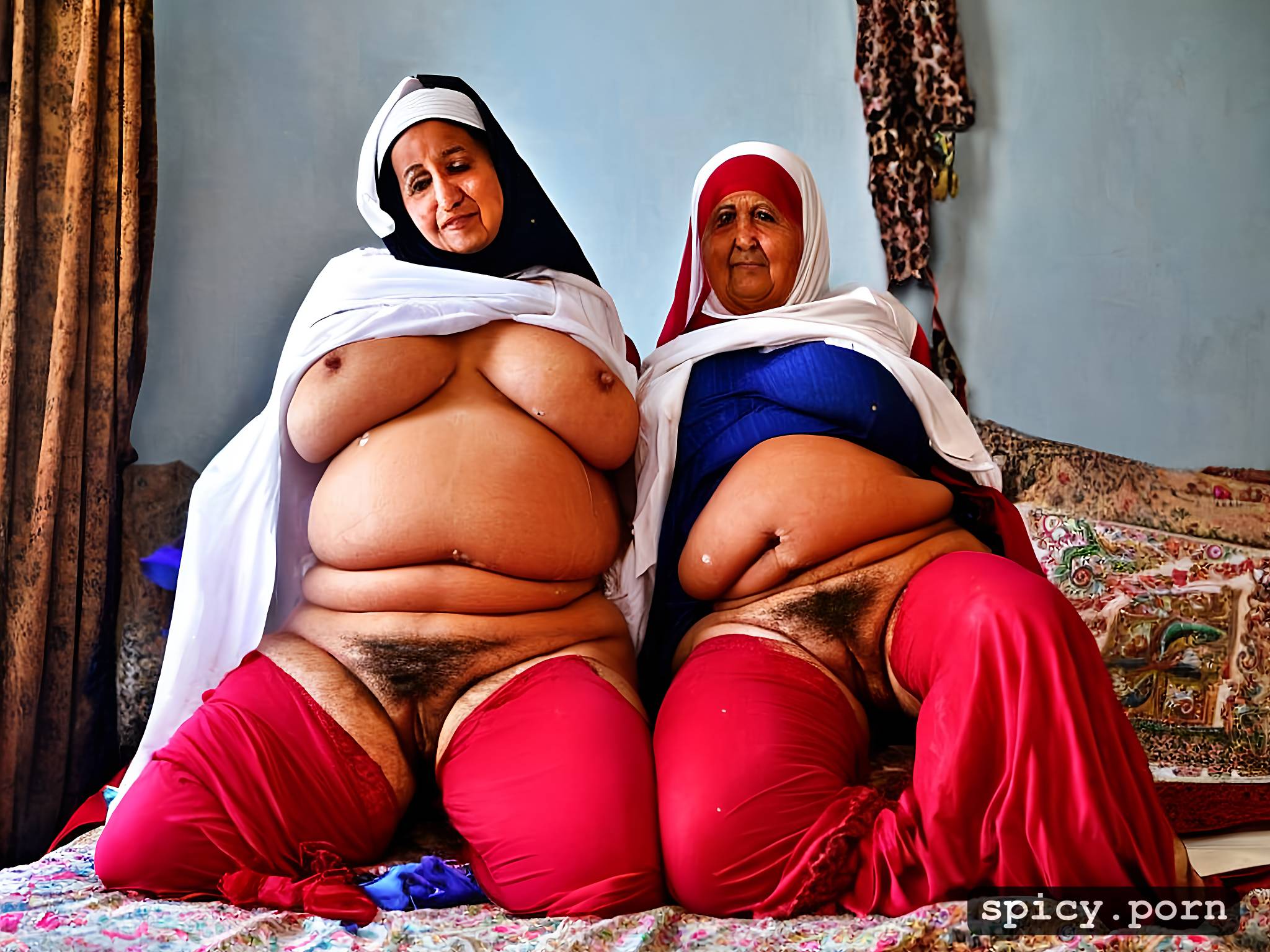 AI Porn: obese moroccan grannies group, harem, fat belly, pretty faces