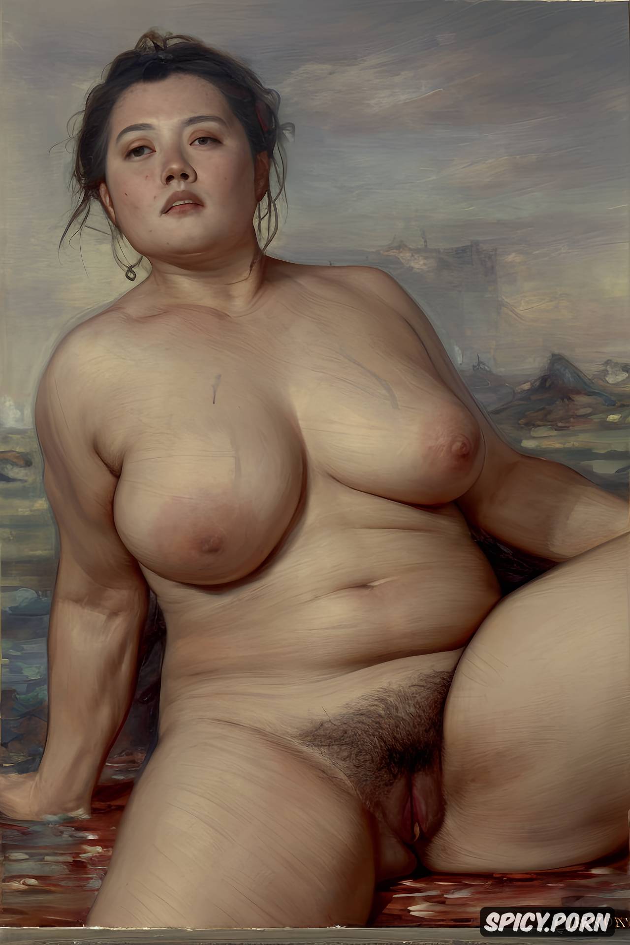 AI Porn: shade, twisting torso, fat thighs, manet, fat woman, smoke, big tits