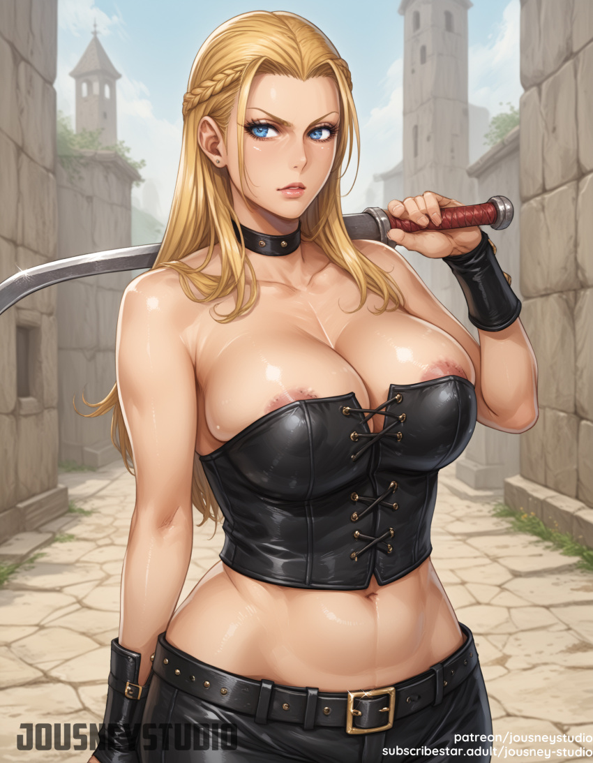 1girl 1girl 1girl ai_generated areola areola_slip bangs bare_shoulders belt big_breasts black_choker black_gloves blonde_hair blue_eyes blue_sky blush braid breasts capcom choker clavicle cleavage clothing cloud collar corset crop_top day devil_may_cry earrings female_only fingerless_gloves gloves holding holding_object holding_weapon jewelry jousneystudio lips long_hair looking_at_viewer midriff navel nipple_slip nipples outside pants parted_lips shirt sky standing sword thighs tied_hair trish_(devil_may_cry) wardrobe_malfunction weapon