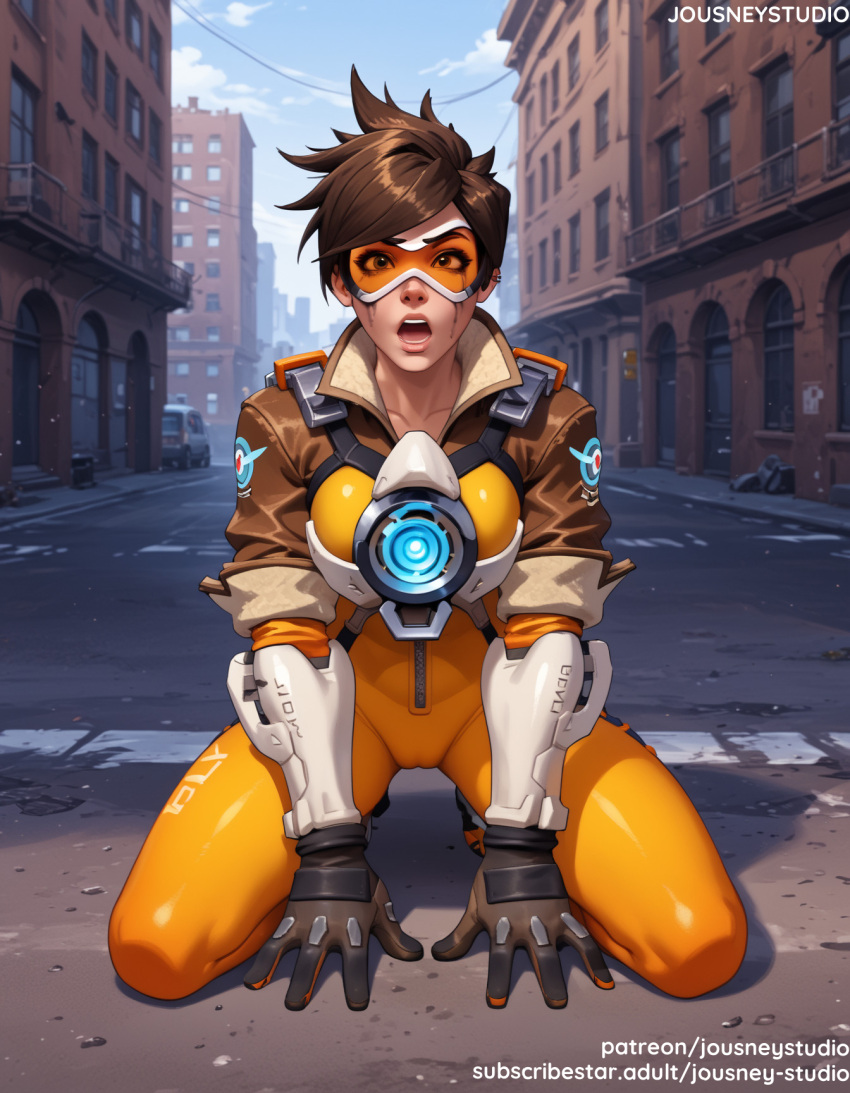 1girl 1girl 1girl ai_generated bangs blue_sky bodysuit bomber_jacket breasts brown_eyes brown_gloves brown_hair building cameltoe city cityscape clothing cloud day english_text eyewear female_only gloves goggles jacket jousneystudio kneel lips looking_at_viewer open_mouth orange_bodysuit outside overwatch overwatch_2 short_hair skin_tight sky thighs tracer tracer_(overwatch)