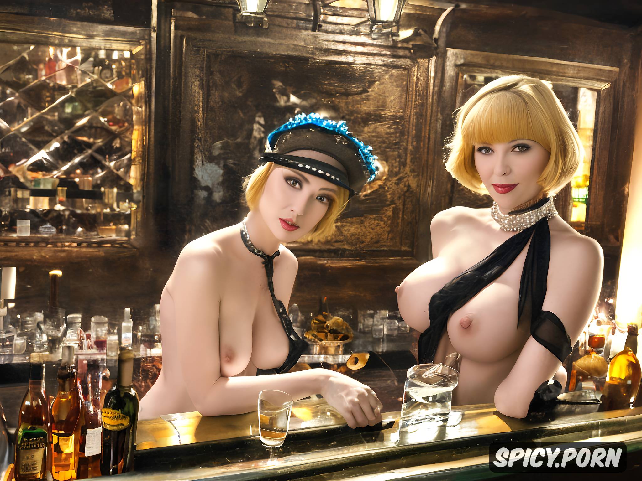 AI Porn: elegant, looking horny heavy natural boobs, next to a bar in a speakeasy