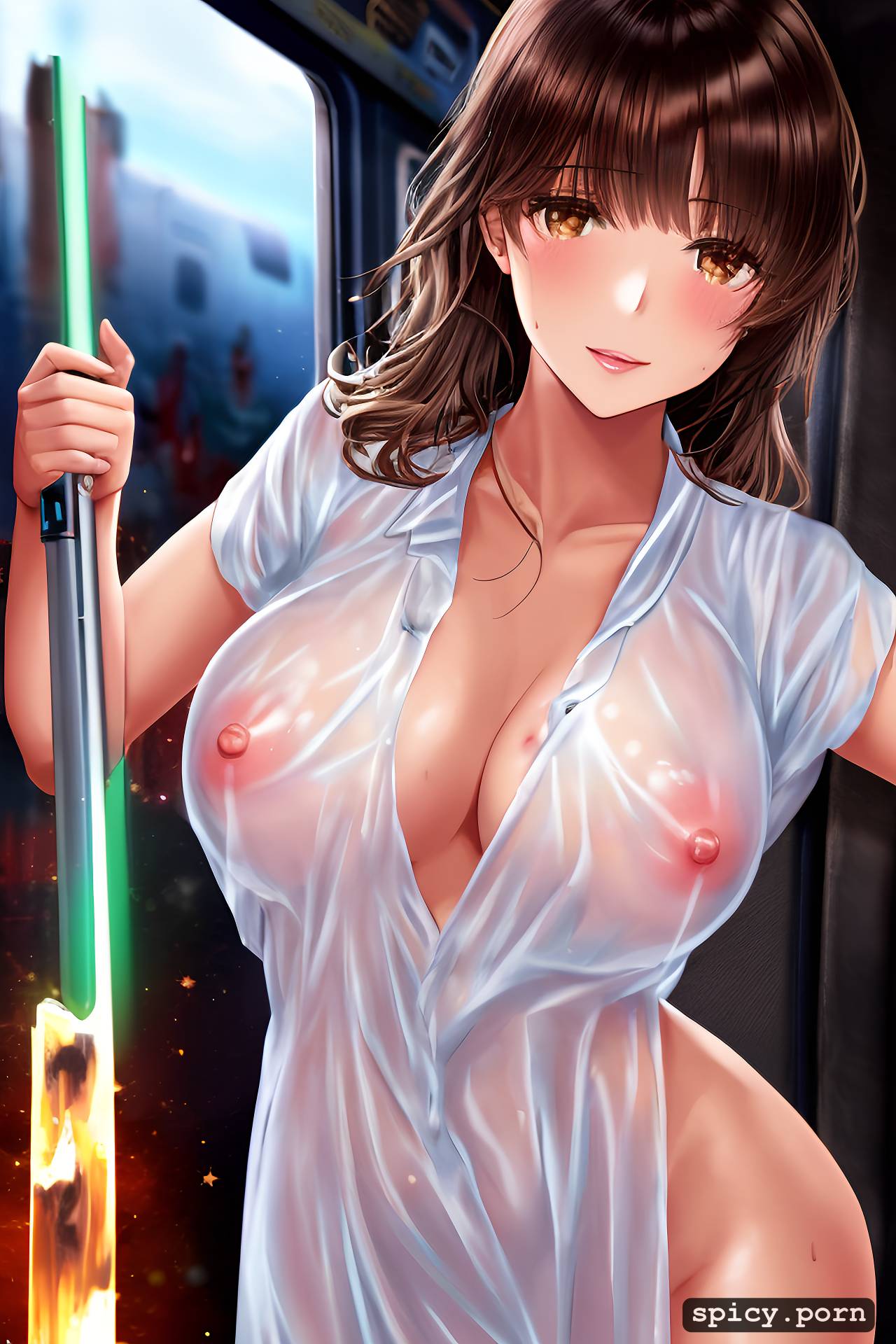 AI Porn: jedi woman, 19 yo with detailed face, on a passenger train, masterpiece