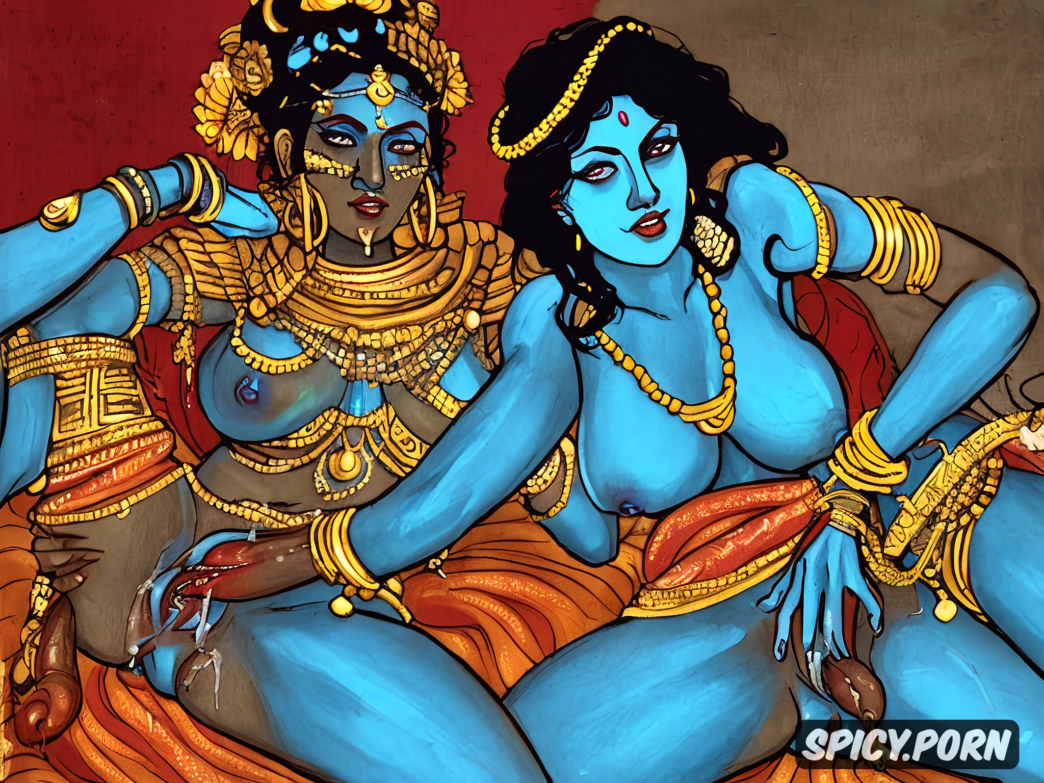 AI Porn: lesbian sex, indian jewelry, in suhagraat hindu godess kali blue skin