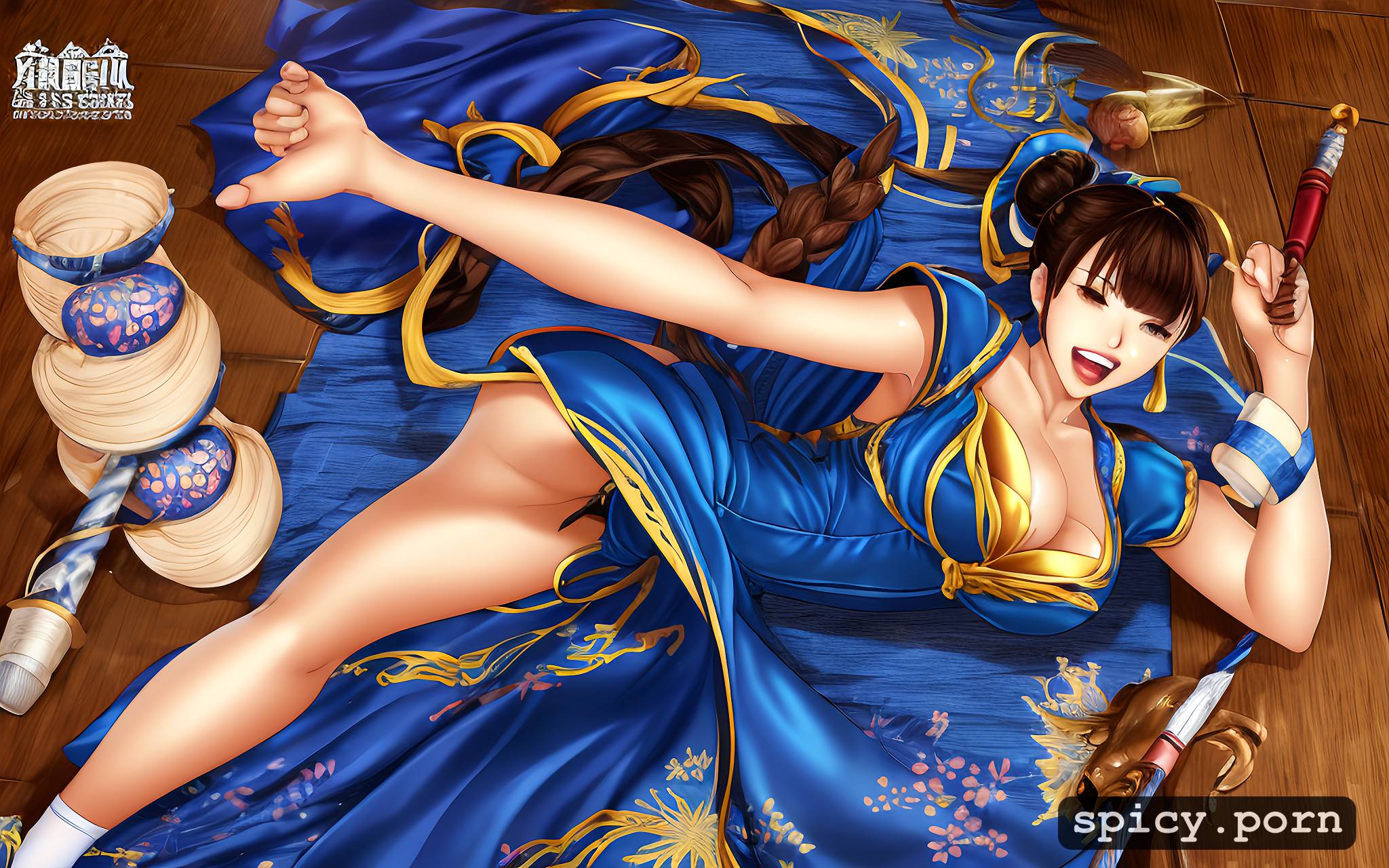 AI Porn: yell, dark blue and gold silk dress long, japanese woodblock print