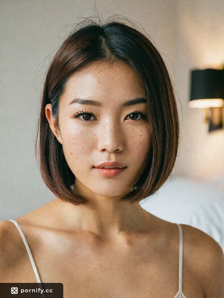 Photorealistic Teen Asian Model with Big Tear Drop Breasts in Bob Haircut and Grey Eyes in a Playful Expression showing her Freckles in a Front View on a Bed | – AI Porn