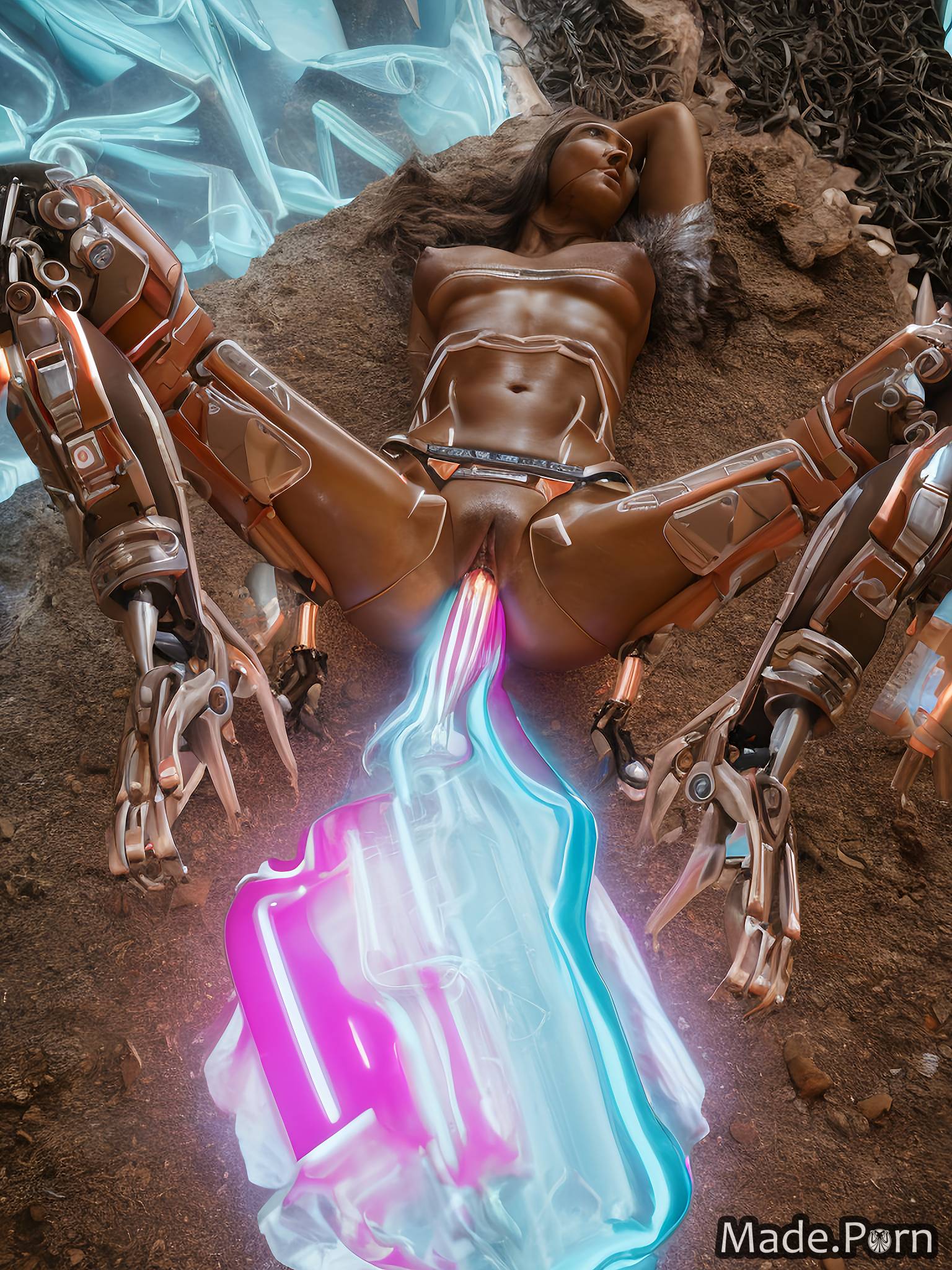 mechanical wings woman purple pussy fucking robot cyberpunk tanned skin created by AI