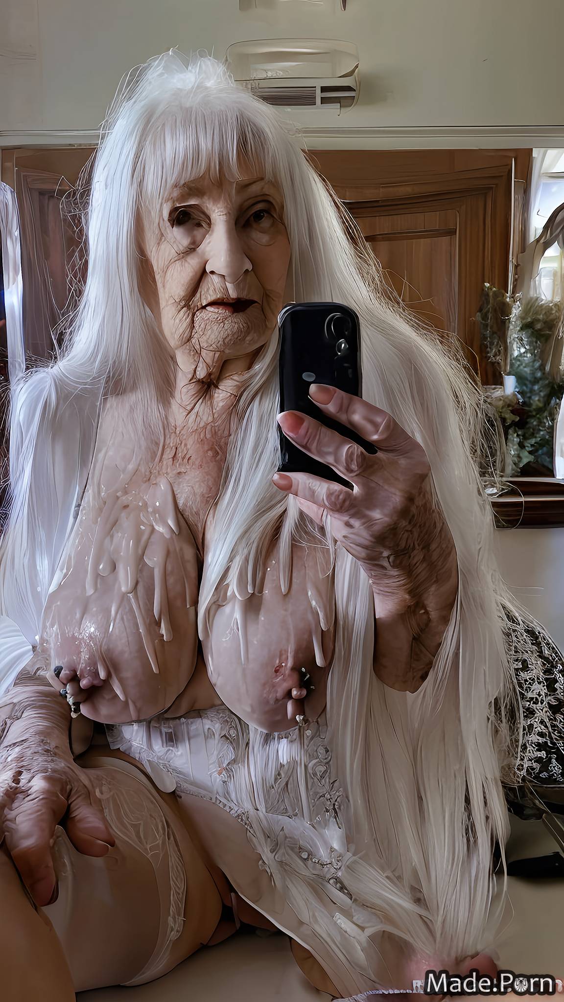 white hair looking at viewer woman 90 masturbation selfie slutty created by AI