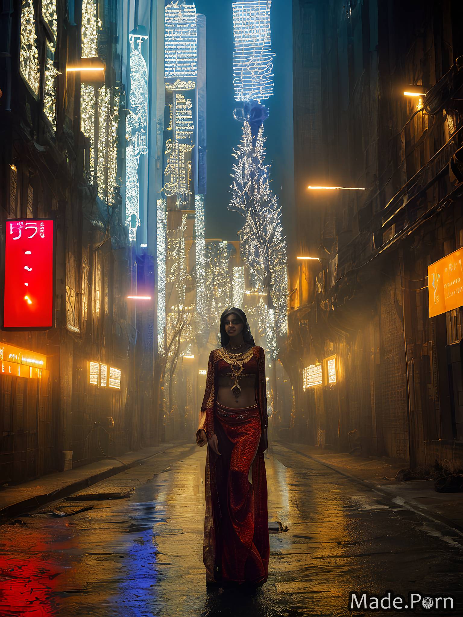 woman cyberpunk city street midnight piercing sari traditional 20 created by AI