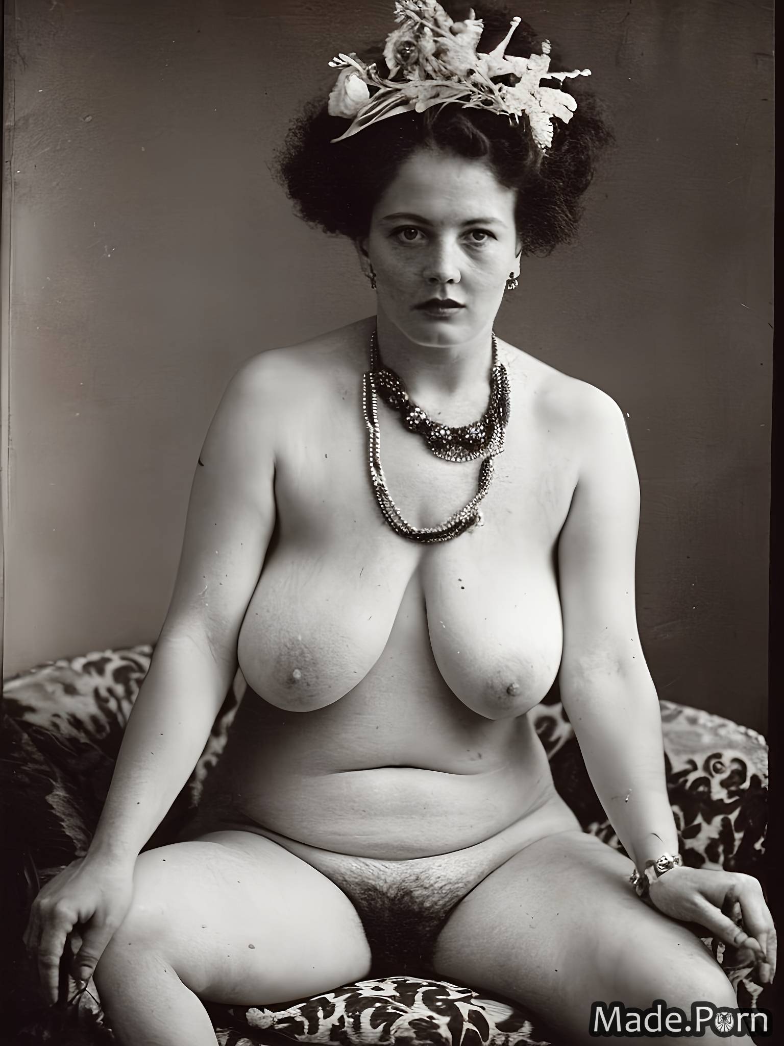 woman huge boobs nipples gigantic boobs big tits vintage hairy created by AI