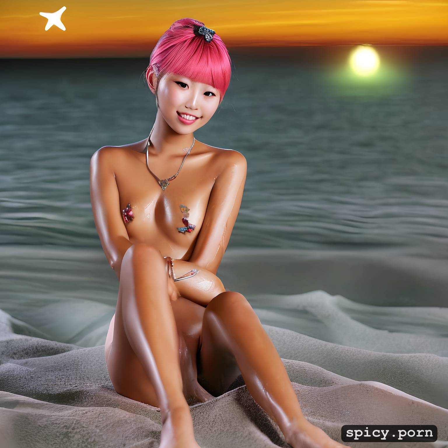 AI Porn: cup b boobs perky protruding nipples, starry night sky, beach at night