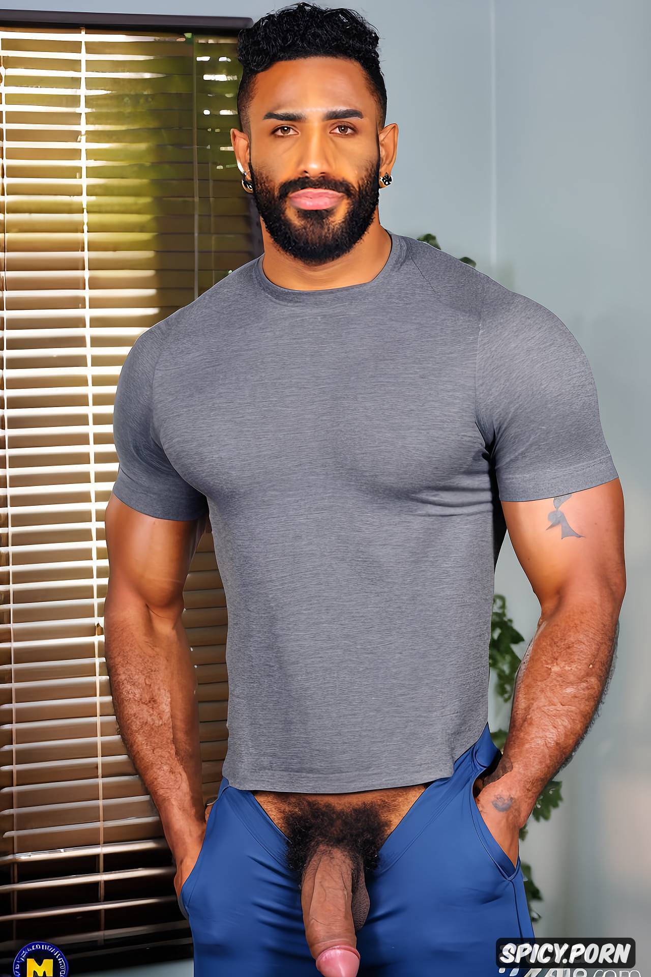 AI Porn: gay arab dominant male, serious face, very tall, xxl dick, squared jaw