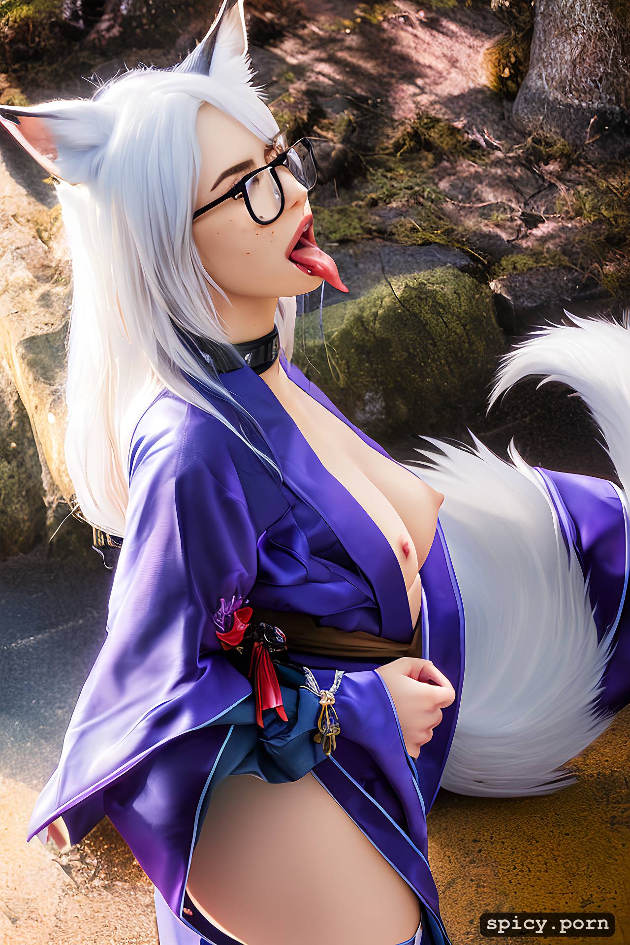 AI Porn: thigh high socks, photo realistic detailed tongue, rimmed glasses