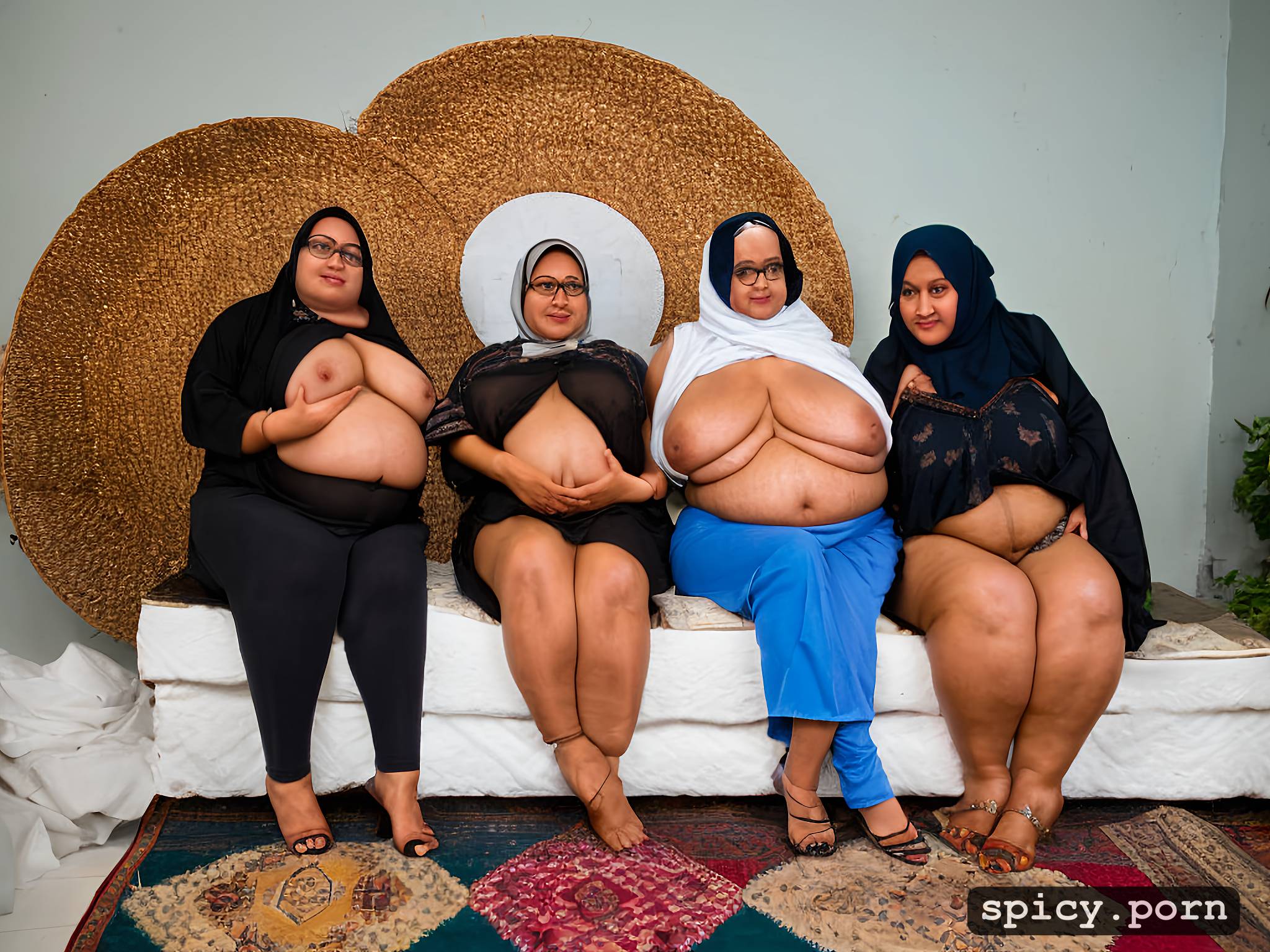 AI Porn: wide hips, multiple obese bbw arabic old grannies, open hijab