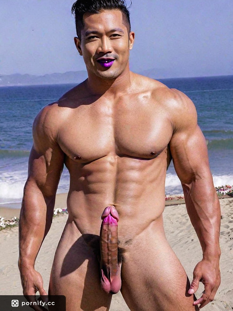 Asian Male in His 20s with Black Hair, Medium Penis, and Playful Expression at the Beach | – AI Porn