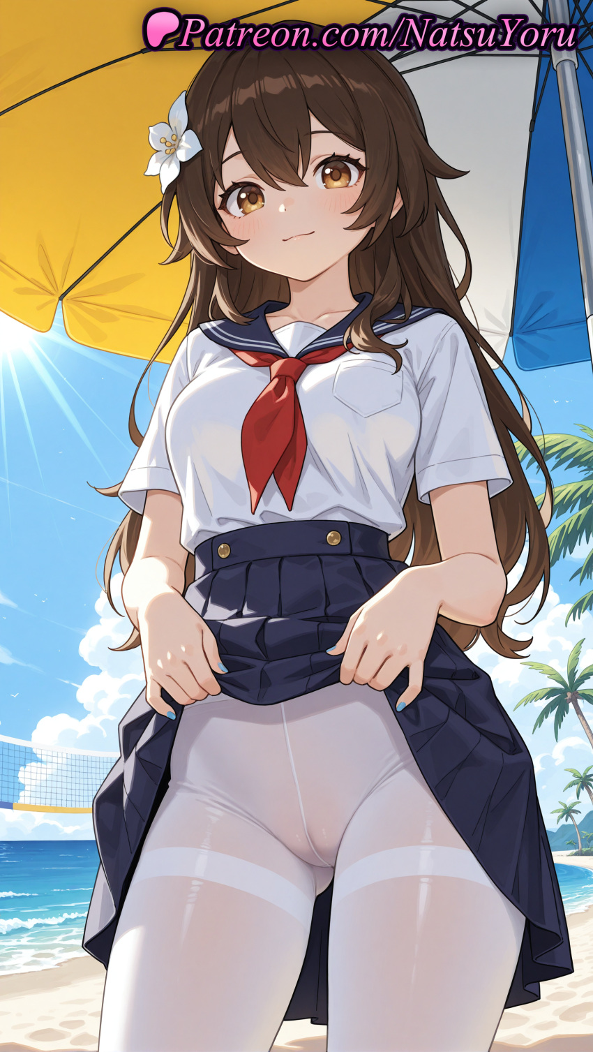 2025 ai_generated alternate_costume anime anime_style asian ass_visible_through_thighs bangs beach beach_umbrella big_breasts blue_nails blue_sailor_collar blue_skirt blue_sky blush breasts brown_eyes brown_hair bust cameltoe closed_mouth clothes_lift cloud collarbone cowboy_shot crotch_seam day female_focus female_solo flower hair_between_eyes hair_flower hair_ornament hentai high-waist_skirt high_quality high_res high_resolution lifted_by_self long_hair looking_at_viewer medium_breasts miniskirt nail_polish natsuyoru neckerchief no_panties oc ocean original original_character outside palm_tree pantyhose patreon pleated_skirt pocket red_neckerchief sailor_collar sailor_uniform school_uniform serafuku shirt shirt_tucked_in short_sleeves skirt skirt_lift sky smile stable_diffusion standing thighband_pantyhose thighs tree umbrella voluptuous voluptuous_female white_flower white_pantyhose white_shirt