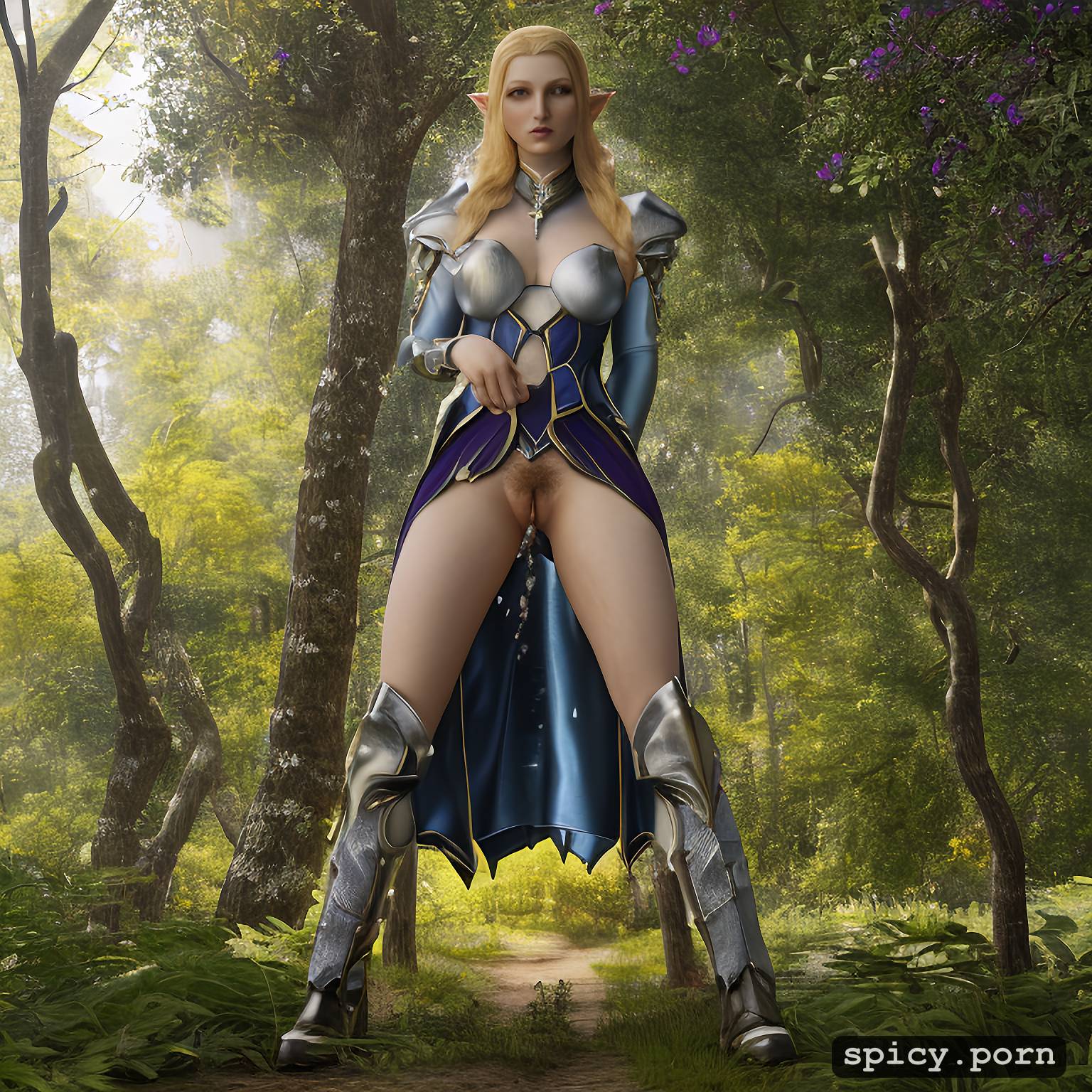 AI Porn: digital art, urinating, jaheira from baldur s gate in a forest squatting and peeing with her bare pussy for all to see