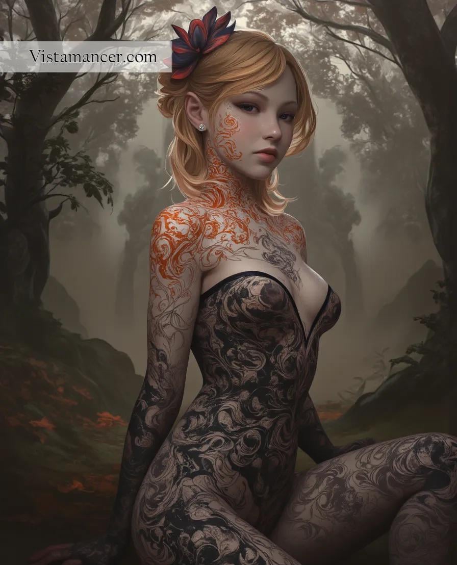 Blonde woman covered with floral designs in forest background