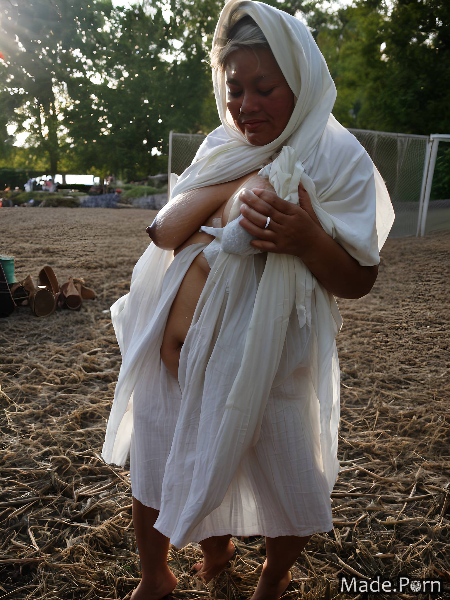 wet bare shoulders street collarbone big hips transparent gigantic boobs created by AI