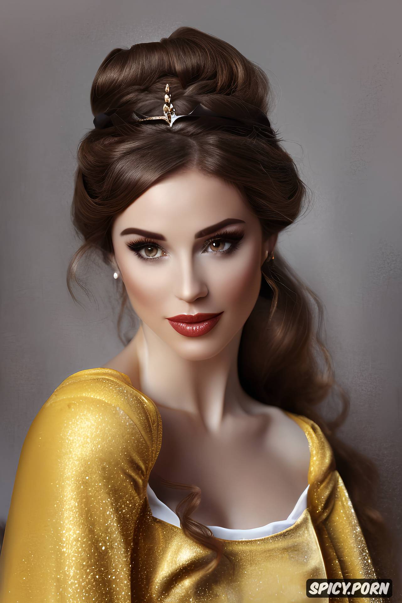 AI Porn: flowing low cut pale yellow ballgown, masterpiece, belle, long soft brown hair